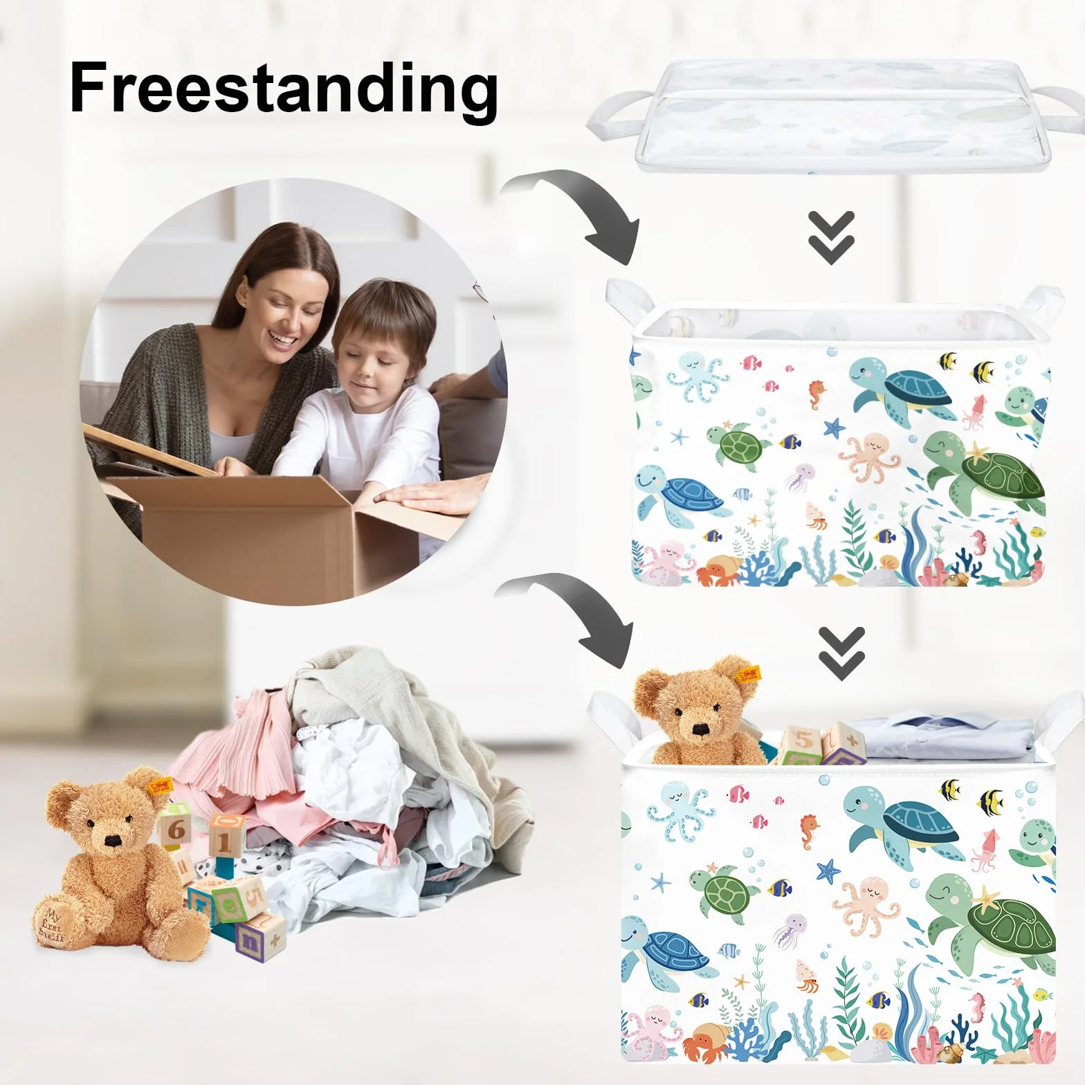 Clastyle Cestos Almacenaje Animal Marino Cajas de Almacenaje Plegable Padres Ropa para Juguete Ropa Cesta Ropa Sucia para Baño, Tortuga Verde, 40x30x30 cm
