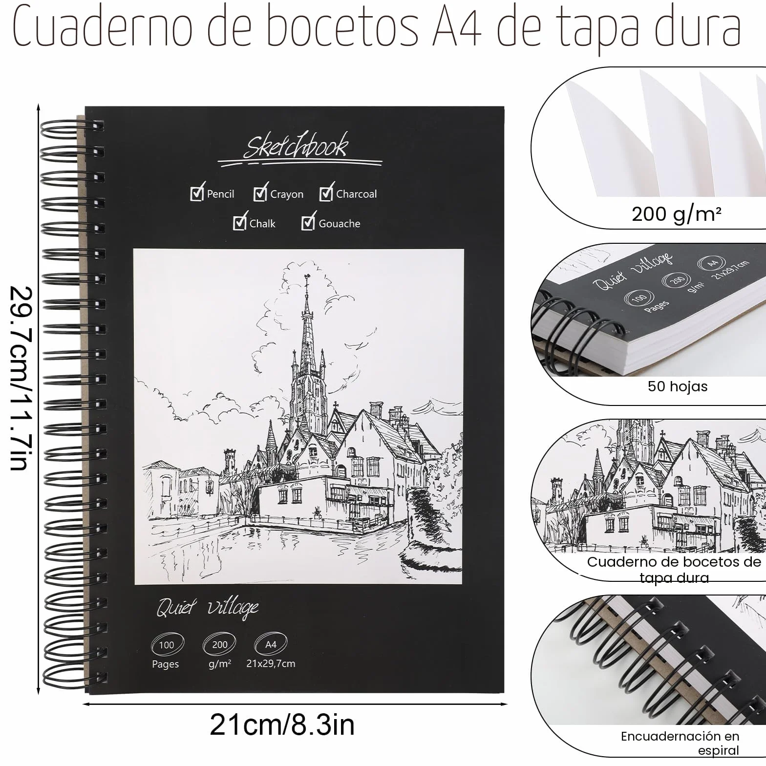 Sketchbook A4 – Cuaderno de Dibujo Premium, 50 Hojas / 100 Páginas, 200 g/m² Bloc de Dibujo A4, Block Dibujo con Encuadernación Espiral, Ideal para Dibujar y Notas