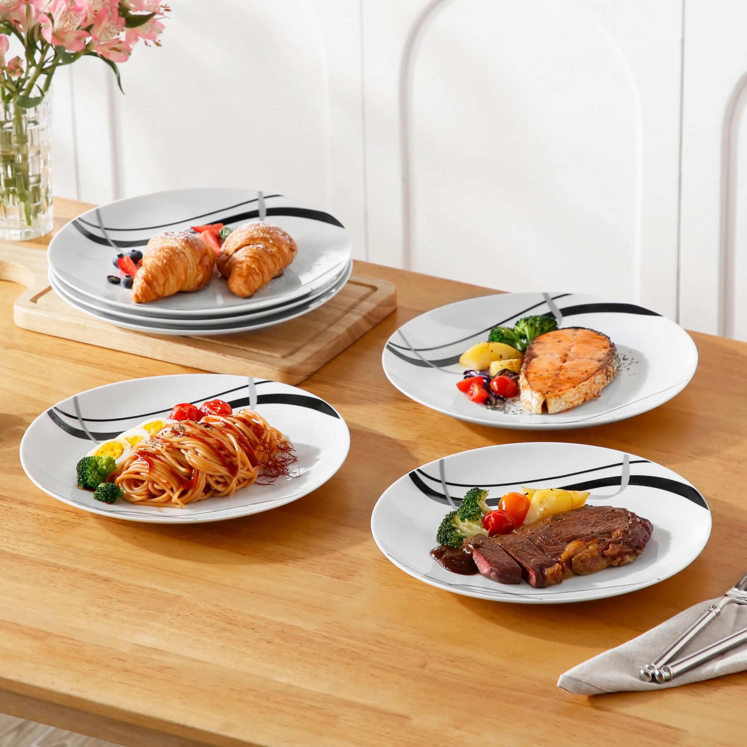 VEWEET Juego de 6 Platos Llanos, Platos de Porcelana 27,4 x 3 cm, Platos Redondos para 6 Personas Platos Modernos de Pasta con Líneas Negras y Plateadas, Aptos para Microondas y Lavavajillas, FIONA