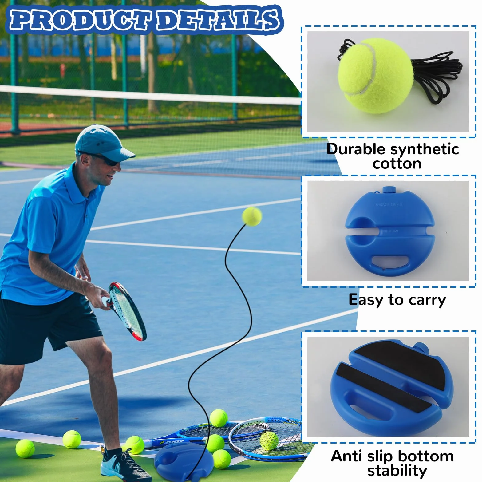 Entrenador de Tenis – Set de Entrenador Tenis con 2 Pelotas de Tenis Rebound, Cómodo Entrenador de Tenis para Autoaprendizaje de Adultos, Niños y Principiantes