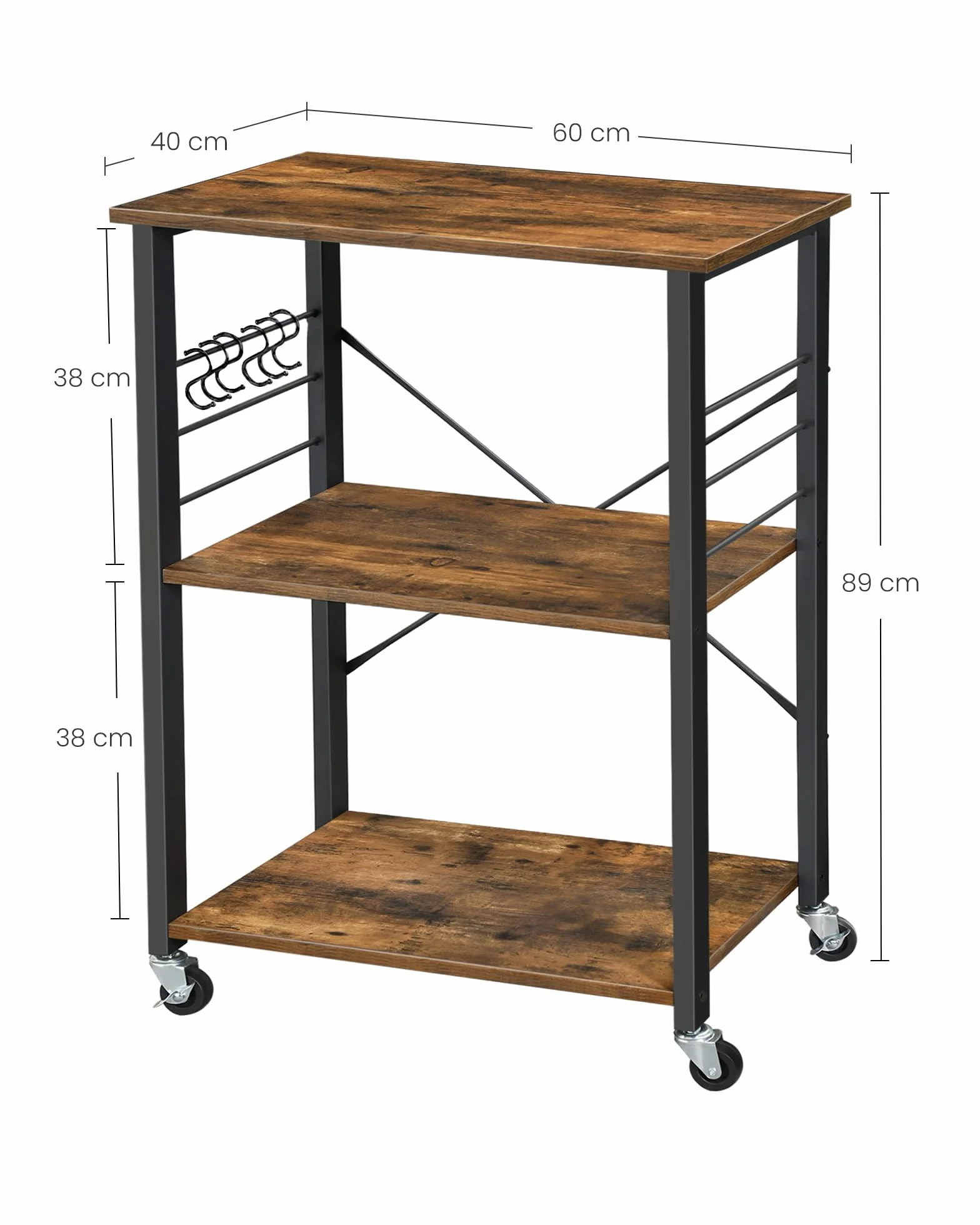 VASAGLE Estantería de Cocina con Ruedas, Carrito de Servicio de 3 Niveles, Estantería para Microondas, Marco de Metal con 6 Ganchos, 40 x 60 x 89 cm, Marrón Rústico y Negro Tinta KKS60XV1