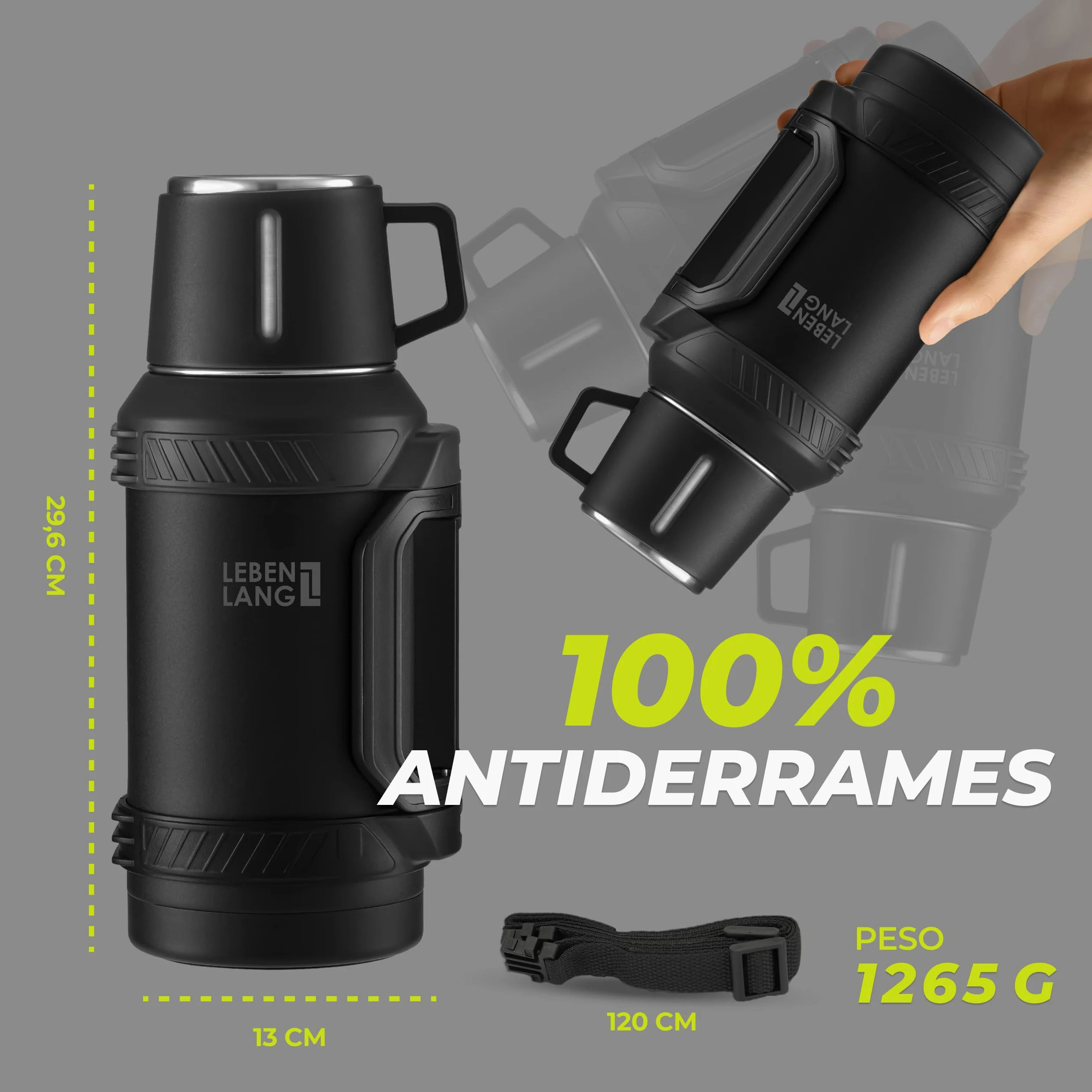 LEBENLANG Termo café de 1,5 litros - 24 horas de calor & Incl. vaso | Termos mate liquidos Botella termica fria 1 5 L montaña para cafe Thermos bottle agua calientes I filtro para té & bandolera