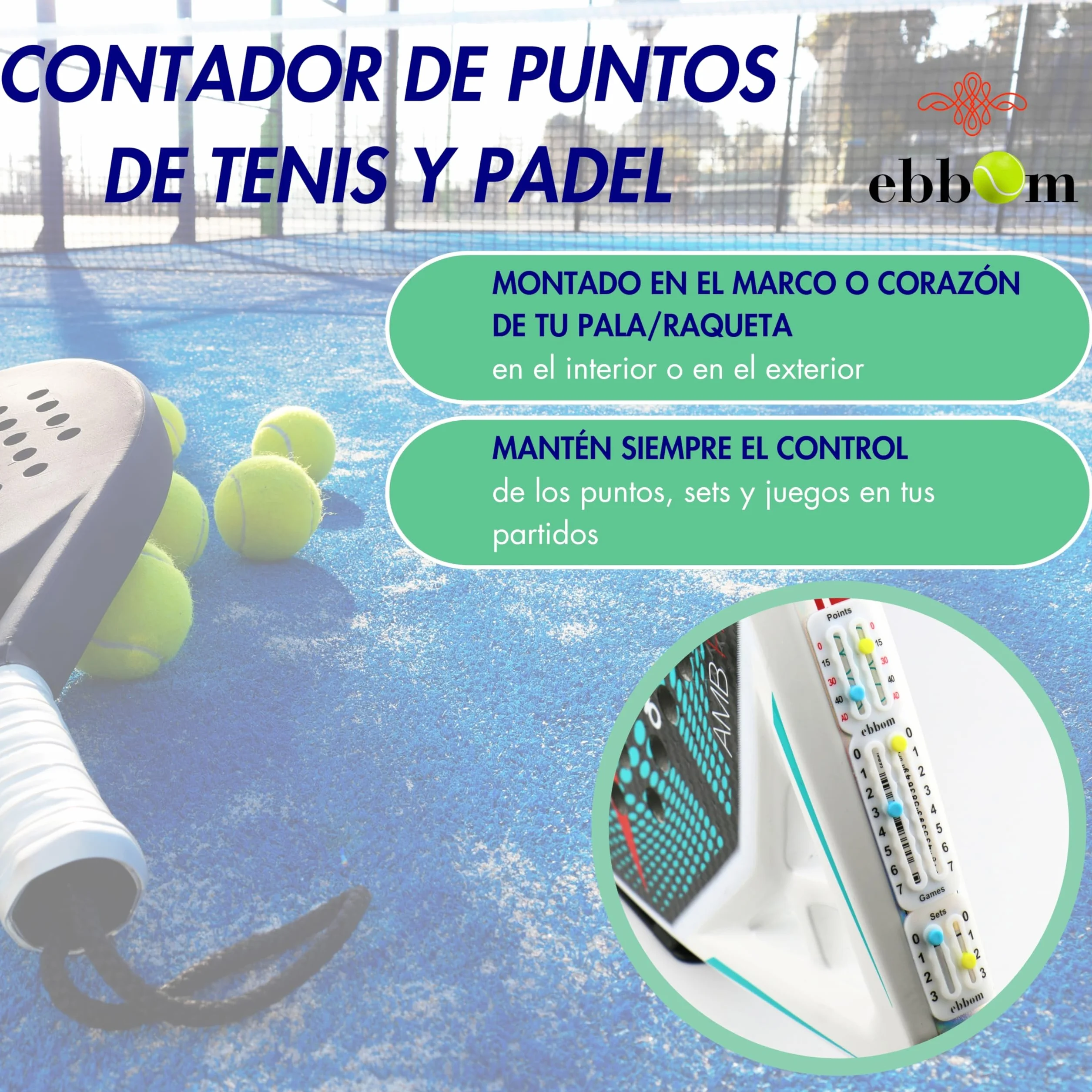 Contador Puntos Padel y Tenis Ultraligero Adhesivo 3M- Incluye 2 Overgrips B/N y 1 Limpiador – Adaptable a Todas Raquetas y Palas - Padel Accesorios - Contador de Puntos Padel