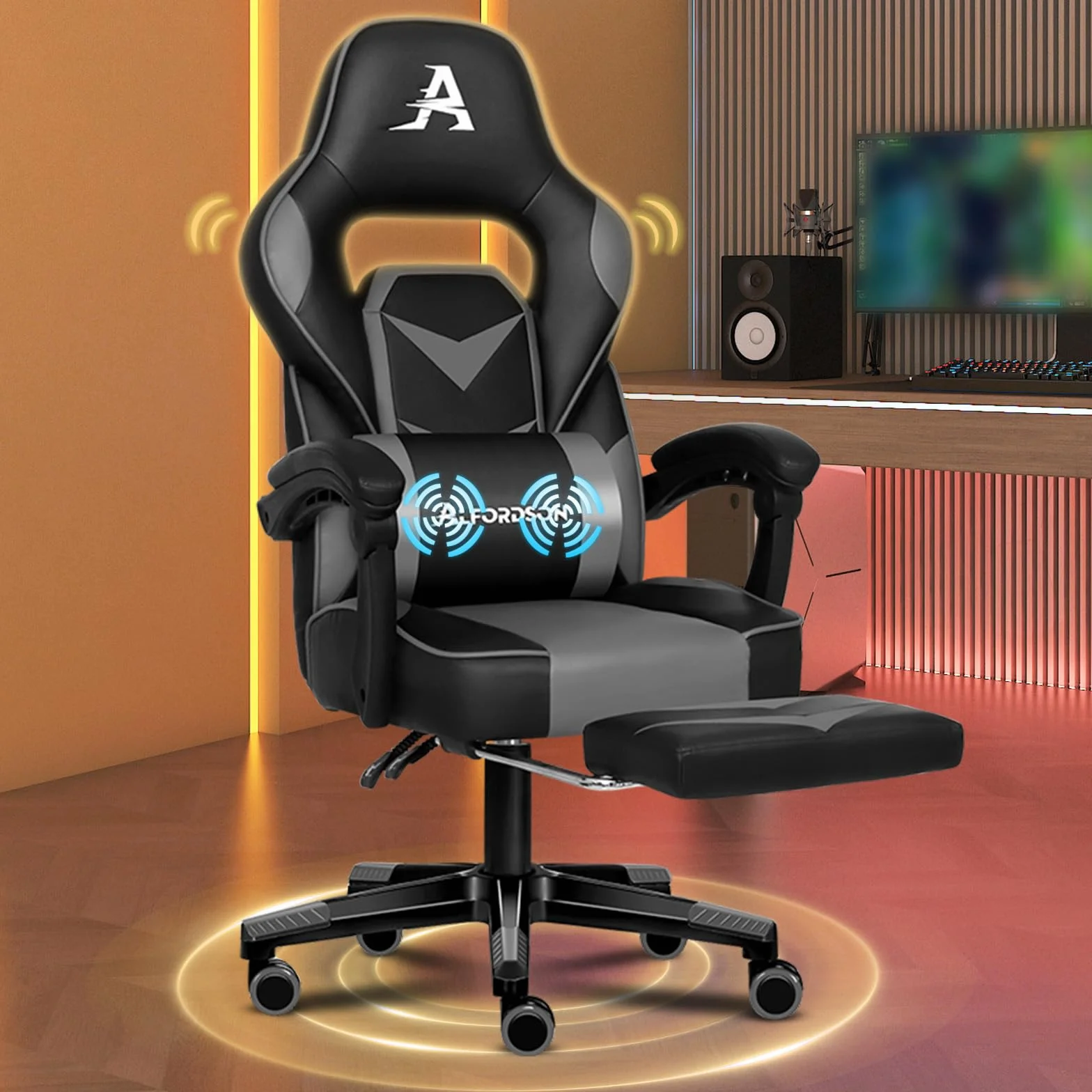 ALFORDSON Silla Gaming con Masajeador Silla Gamer de Juegos Silla de Carreras Silla de Oficina ejecutiva Deportiva Gordon con reposapiés Reposabrazos de Cuero PU Reposacabezas, Gorden, Gris