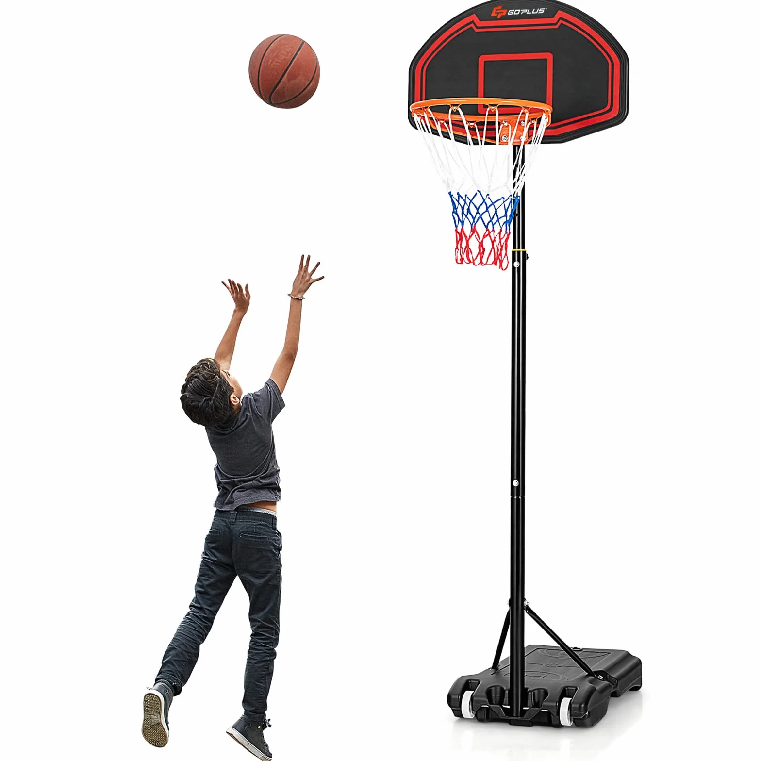 COSTWAY Canasta de Baloncesto para Niños, Soporte Regulable 192-247 cm, Tablero Inastillable, Portátil con Ruedas Rojo.Negro