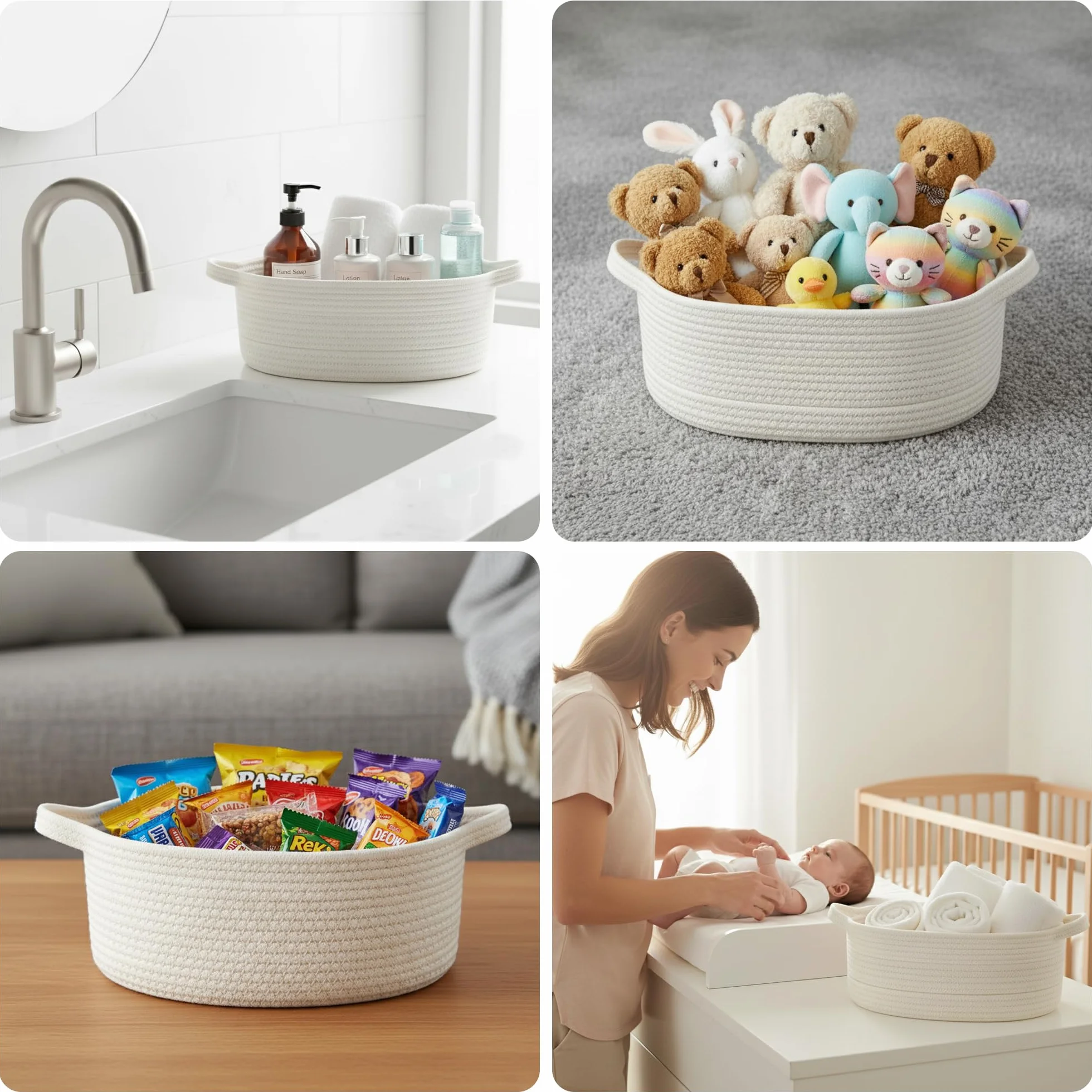 Cesta de regalo vacía blanca con tarjeta y lazo para baby shower, cumpleaños, bodas