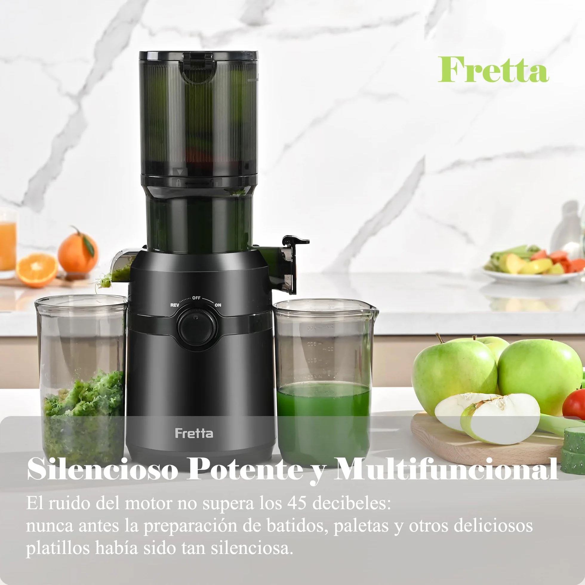 Fretta Extractor de Zumos y Verduras, Apertura de 108MM y Capacidad de 1L, Licuadora Prensado en Frio para Verduras Frutas Enteras, 200W Slow Juicer Machine, Fácil Montaje y Limpieza, Sin BPA (Negro)