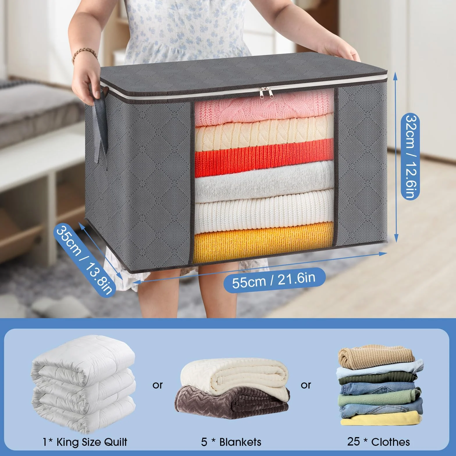 AIOR 2pcs Bolsa de Almacenamiento de Ropa Plegable, 60L Grandes Cajas de Almacenaje Ropa con Mango Reforzado, No-Tejida Organizador Guardar para Edredones Mantas, 55x35x32cm