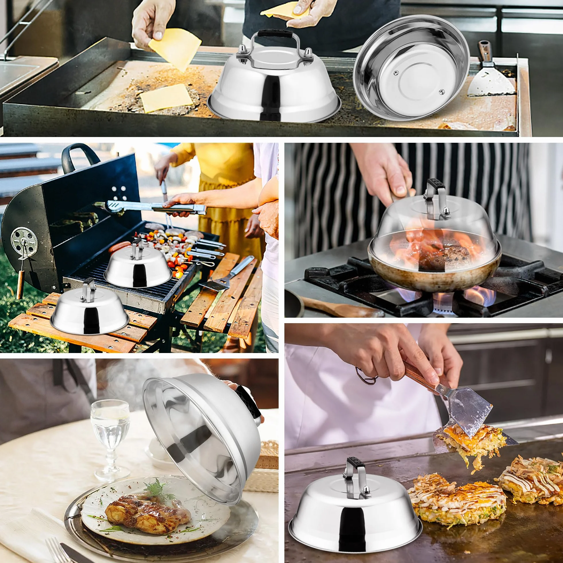 HaWare Campana para hamburguesas, 4 unidades, acero inoxidable, con mango de goma, para barbacoa, carne, queso, teppanyaki, exterior e interior, apto para lavavajillas, 16,8 x 6 cm