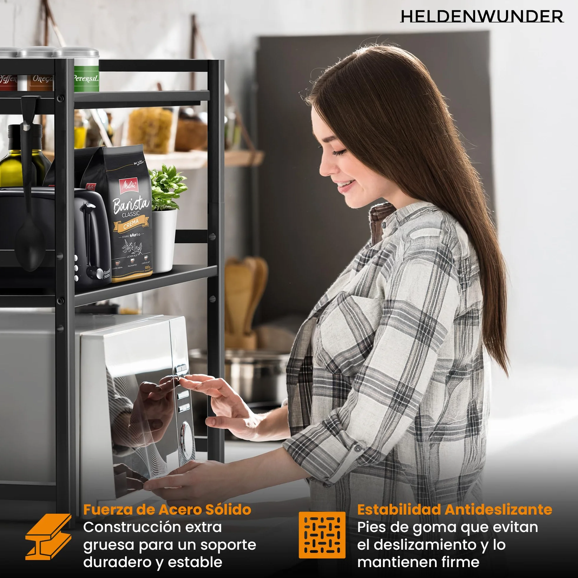 Heldenwunder Estantería Microondas Estantes Cocina Acero (2 Niveles) | Mueble Microondas Horno Estanterias Almacenaje Organizador Estante Panadería Ajustable + Instrucciones en Vídeo, Ganchos – Negro
