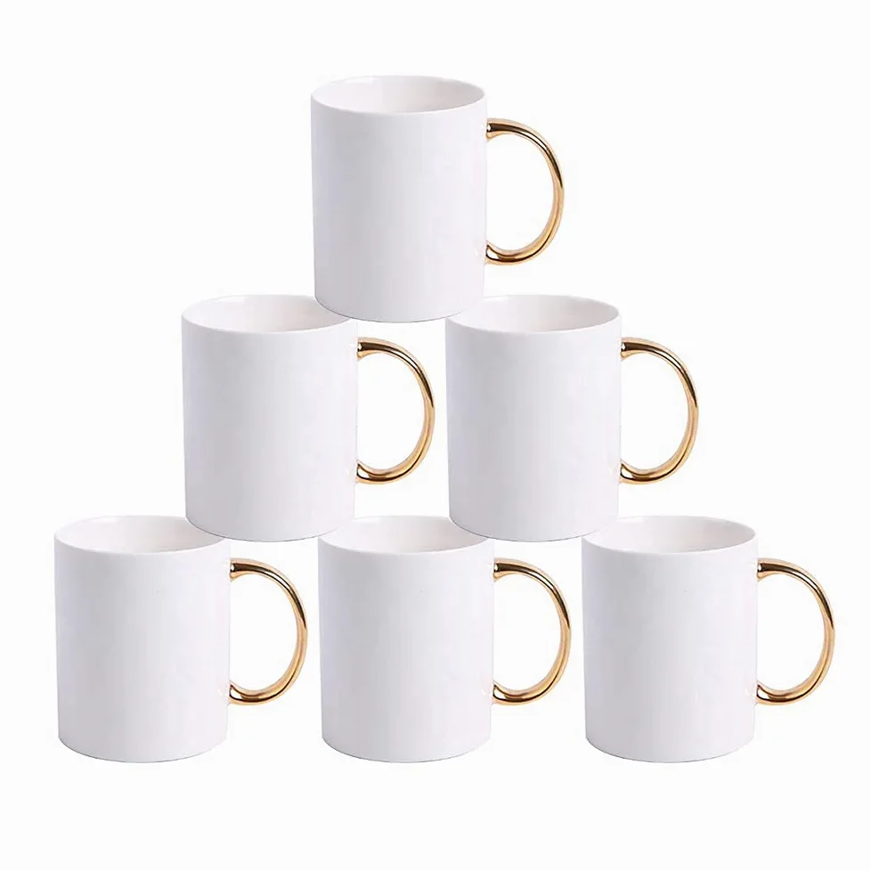 MR.R Grade AAA Sublimation Blanks Lavavajillas Tazas de café de cerámica blanca con mango dorado 11 oz Taza de bebida clásica de cerámica en blanco para té con leche Cola Agua Juego de 6