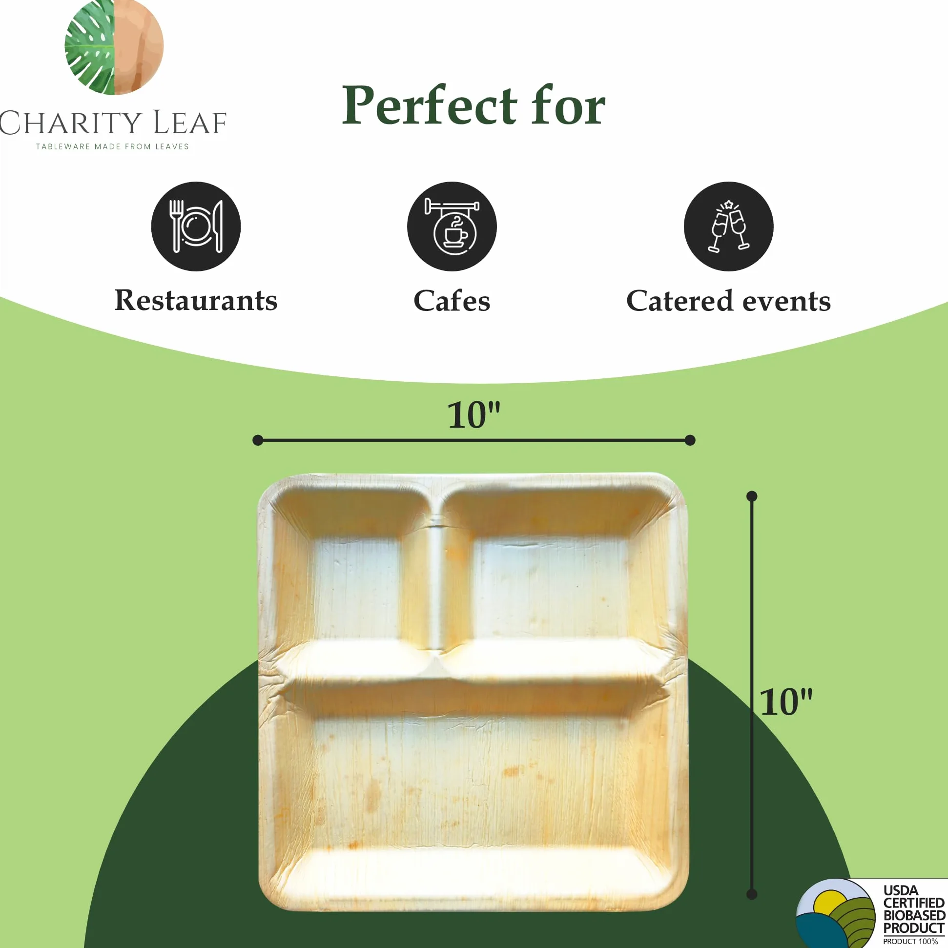 Charity Leaf Platos de cena compostables de hoja de palma con compartimento cuadrado de 10 pulgadas (paquete de 25) | Premium, 100% natural, desechable, resistente, perfecto para fiestas, bodas y