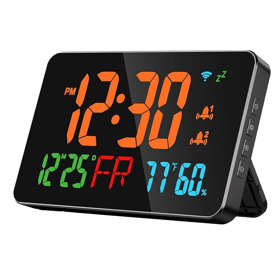 Reloj Despertador Digital con WiFi, Letras Extra Grandes, Temperatura y Humedad, Calendario, Semana, B