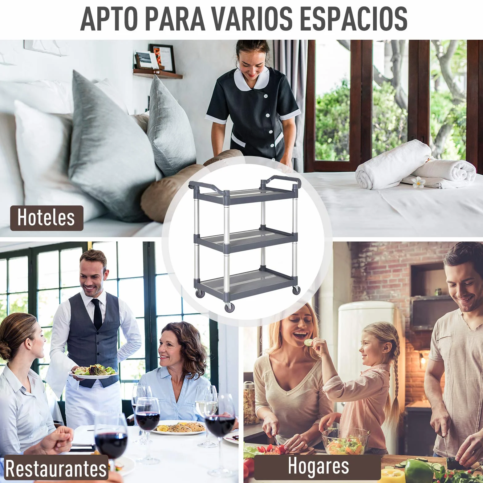 HOMCOM Carrito Auxiliar con Ruedas de 3 Niveles, Marco de Aleación de Aluminio, Carrito de Cocina, Carga de 35 kg por Estante, para Comedor, Sala, Baño, 88x44x93 cm, Gris