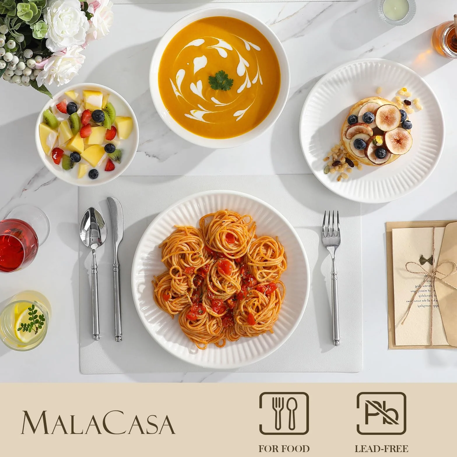 MALACASA Vajillas Completas 6 Personas de Porcelana, 24 Piezas Juego de Vajilla Modernas con Relieve Ondulado, Blanco - Serie LEILA