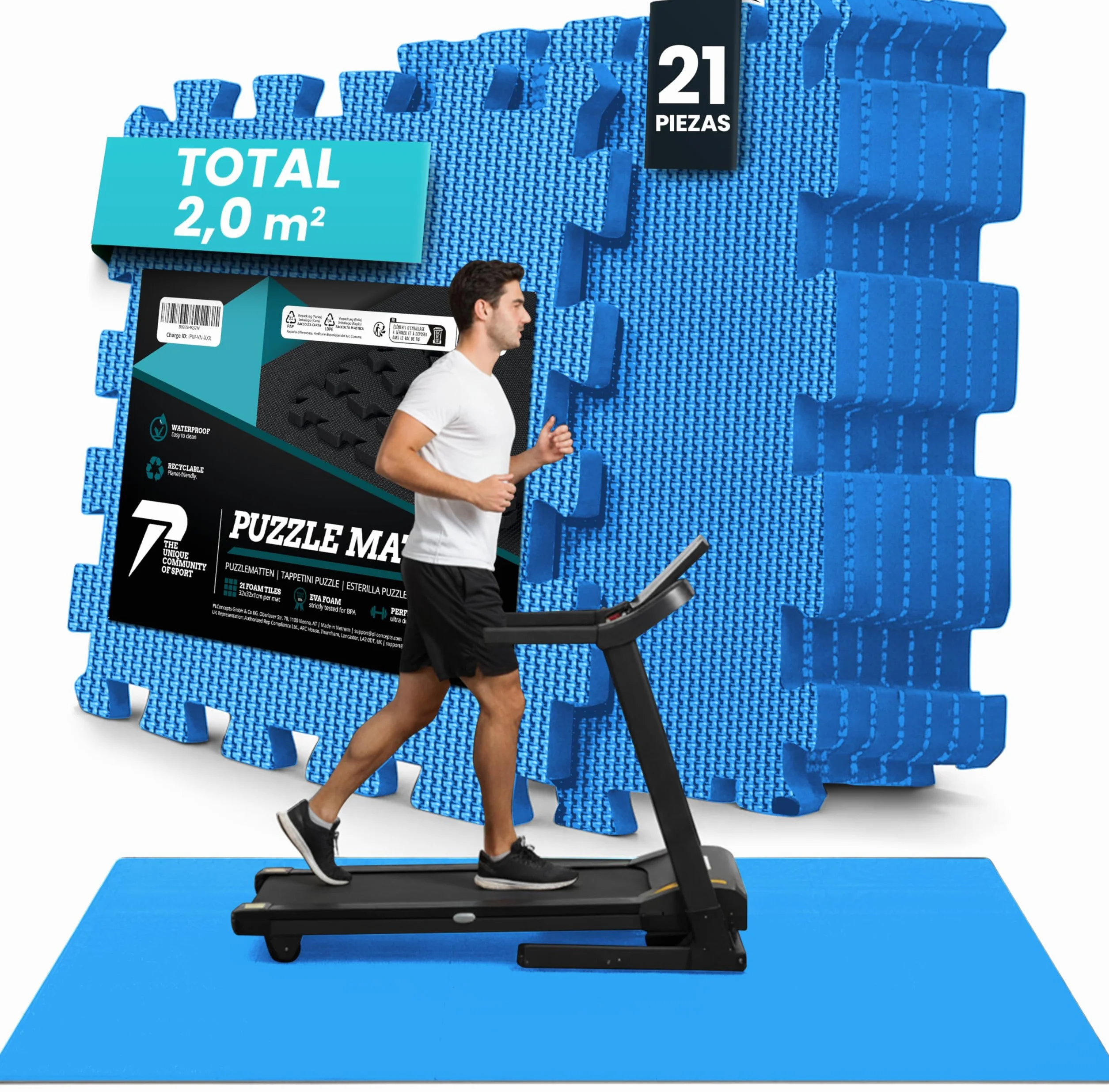 Esterilla Fitness EVA Set 21 Piezas Suelo Gimnasio Colchoneta Antideslizante Tatami Alfombrilla Puzzle Gym Azul