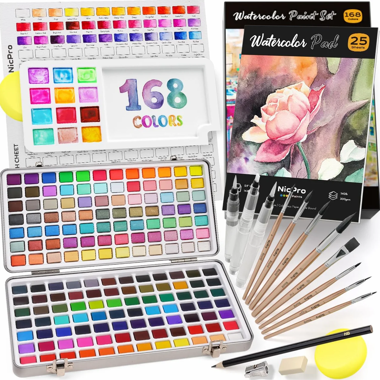 Nicpro 168 colores kit acuarelas de contiene Metallic Macaron y Fluorescente, 8 pinceles, 25 papeles de acuarela, paleta, kit acuarelas profesionales para artistas, niños, principiantes con caja