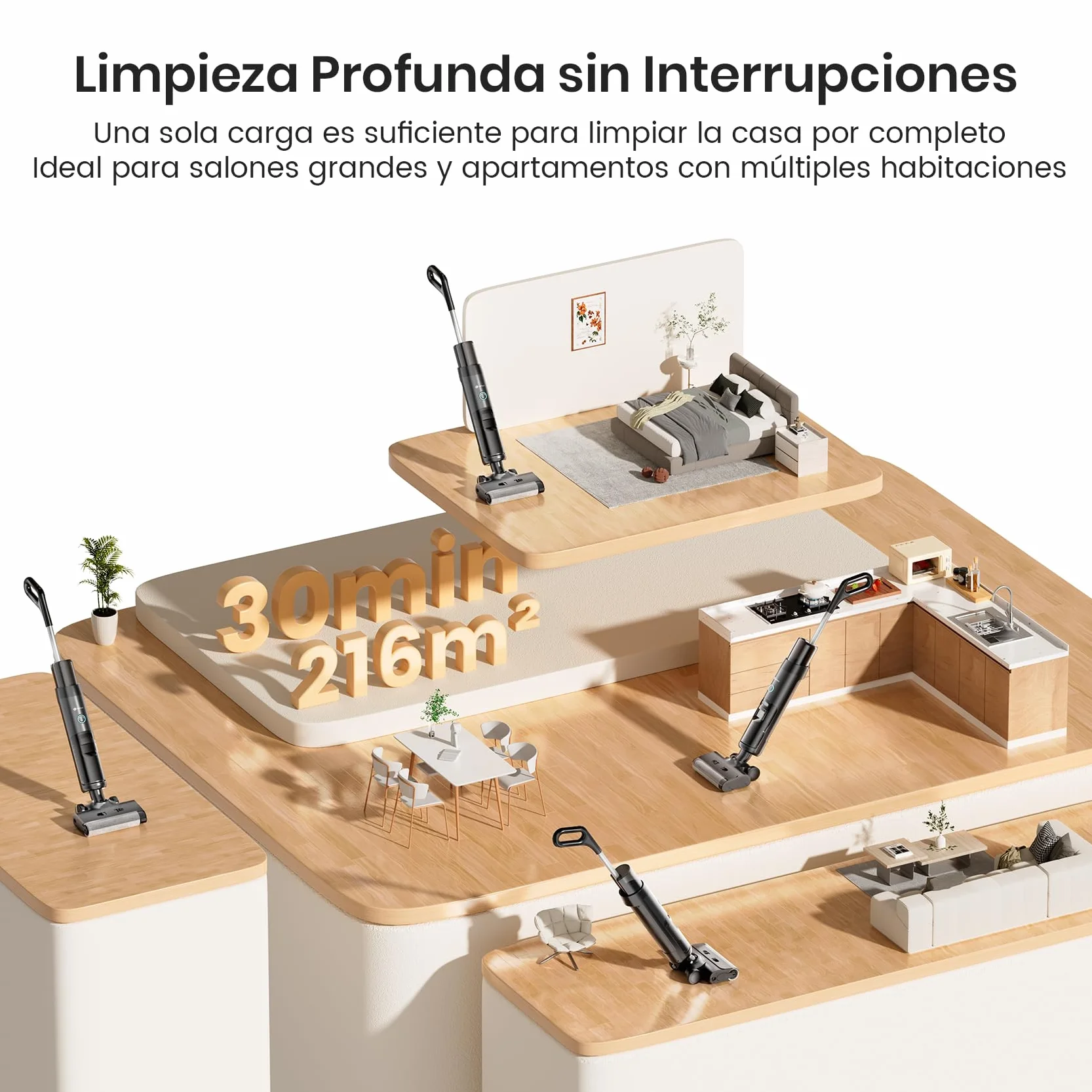 Lefant LS200 Aspiradora Fregadora Sin Cable, 13 000 Pa, 3 en 1 Barre Aspira Friega, 30 Min de Autonomía, 216㎡, Borde de 5 mm, Autolavado, Ligero y Fácil de Usar, para Suelos Duros