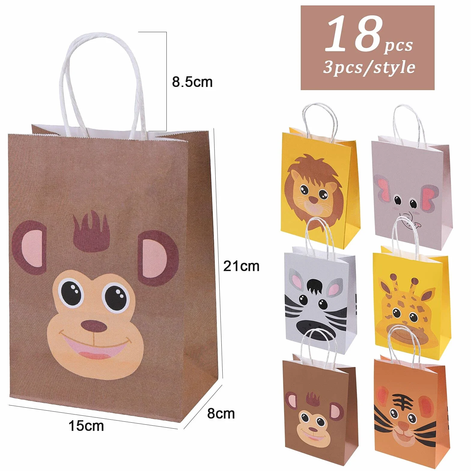 flintronic 18PCS Bolsas Regalo Navidad,(Talla 21 * 15 * 8 CM) Animales Bolsas Cumpleaños Infantil Bolsas de Papel,Bolsa de Regalo de Papel Kraft,para Animales Selva Fiesta con 6
