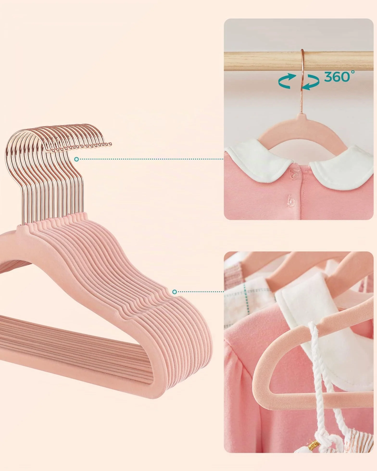 SONGMICS Juego de 30 Perchas para niños con Ganchos giratorios 360°, Terciopelo Antideslizantes, Rosa Pastel CRF027P30
