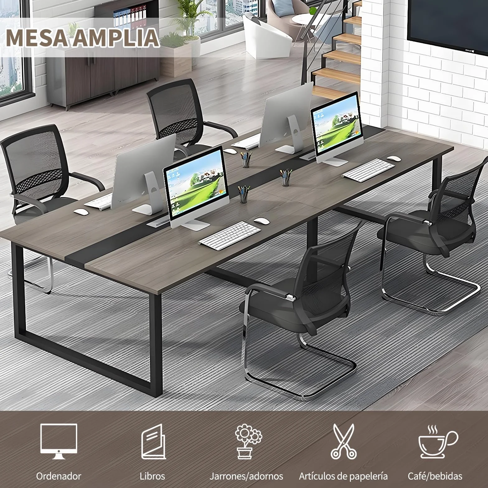 Mesa de Reuniones Grande, Mesa de Conferencias Moderna con Conducto para Cables y Estructura de Metal Negro, Rectangular, para 8-12 Personas, Ideal para Oficina y Sala de Seminarios