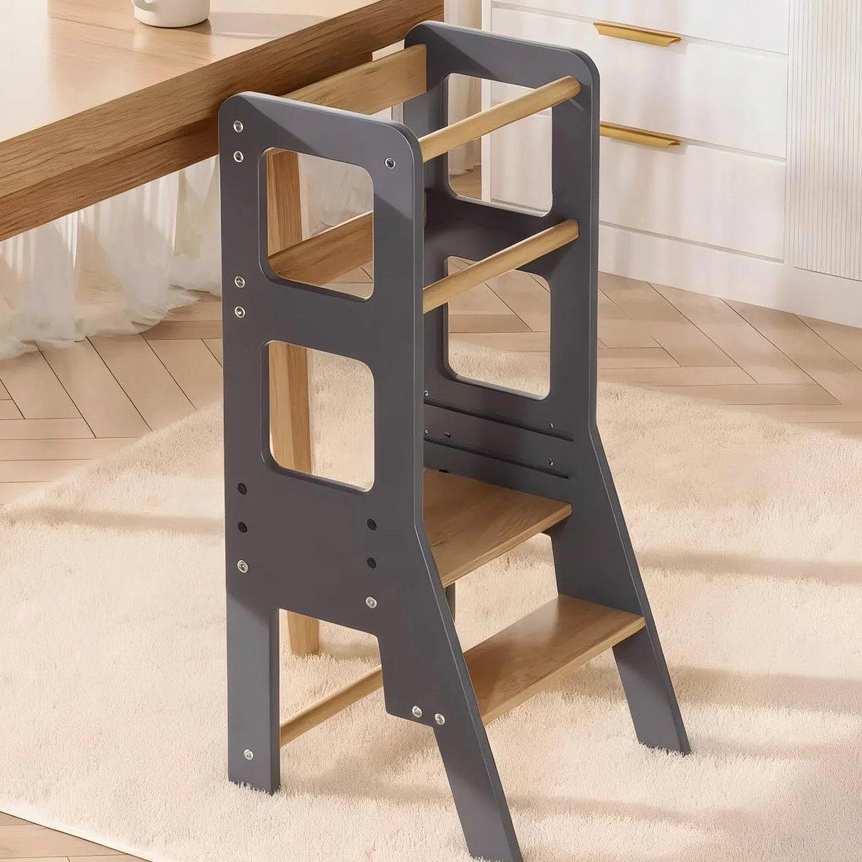 Torre Aprendizaje Montessori Altura Regulable Barandilla Seguridad Taburete Bebe 2 Años Cocina Baño Sala Estar Dormitorio Negra