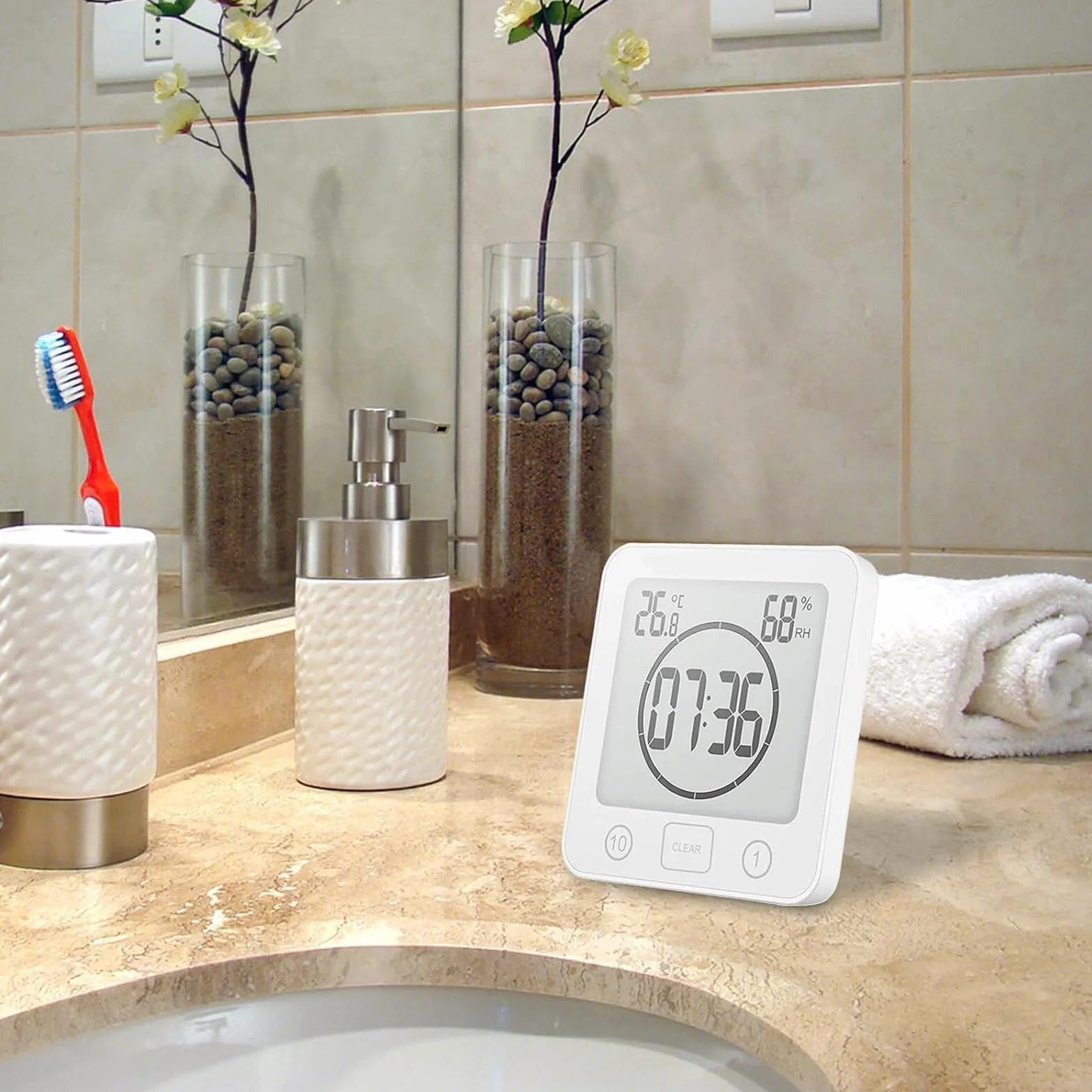OurLeeme Reloj de Ducha a Prueba de Agua Diario, Cuarto de baño Ducha Temporizador Alarma Temperatura Humedad Pantalla Control táctil Reloj de Cuenta Regresiva (Blanco)