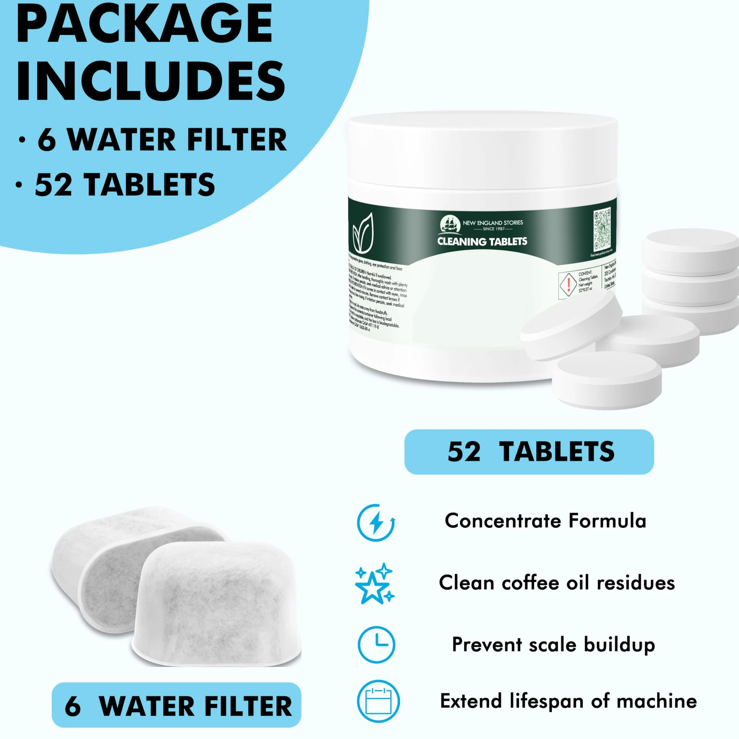 Paquete de 6 filtros de carbón compatibles con Breville con 52 tabletas de limpieza, kit de mantenimiento compatible con Breville de 1 año, kit de limpieza de máquina espresso para Breville Barista