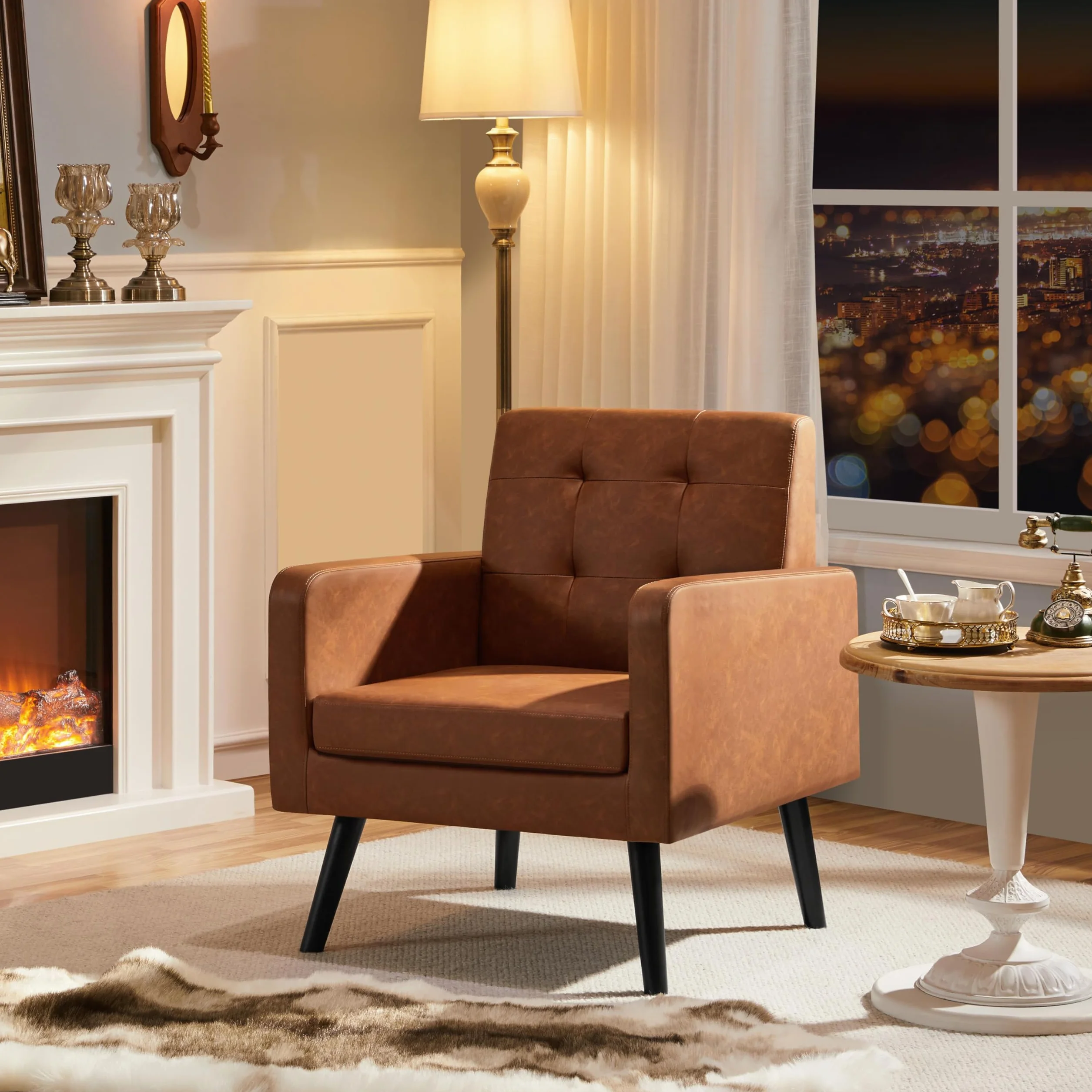 Yaheetech Butaca de Salón Sillón Lectura Tapizada en PU con Respaldo Alto y Patas de Madera de Caucho Sillón Relax Moderno para Salón Dormitorio o Balcón Carga 136 kg Marrón