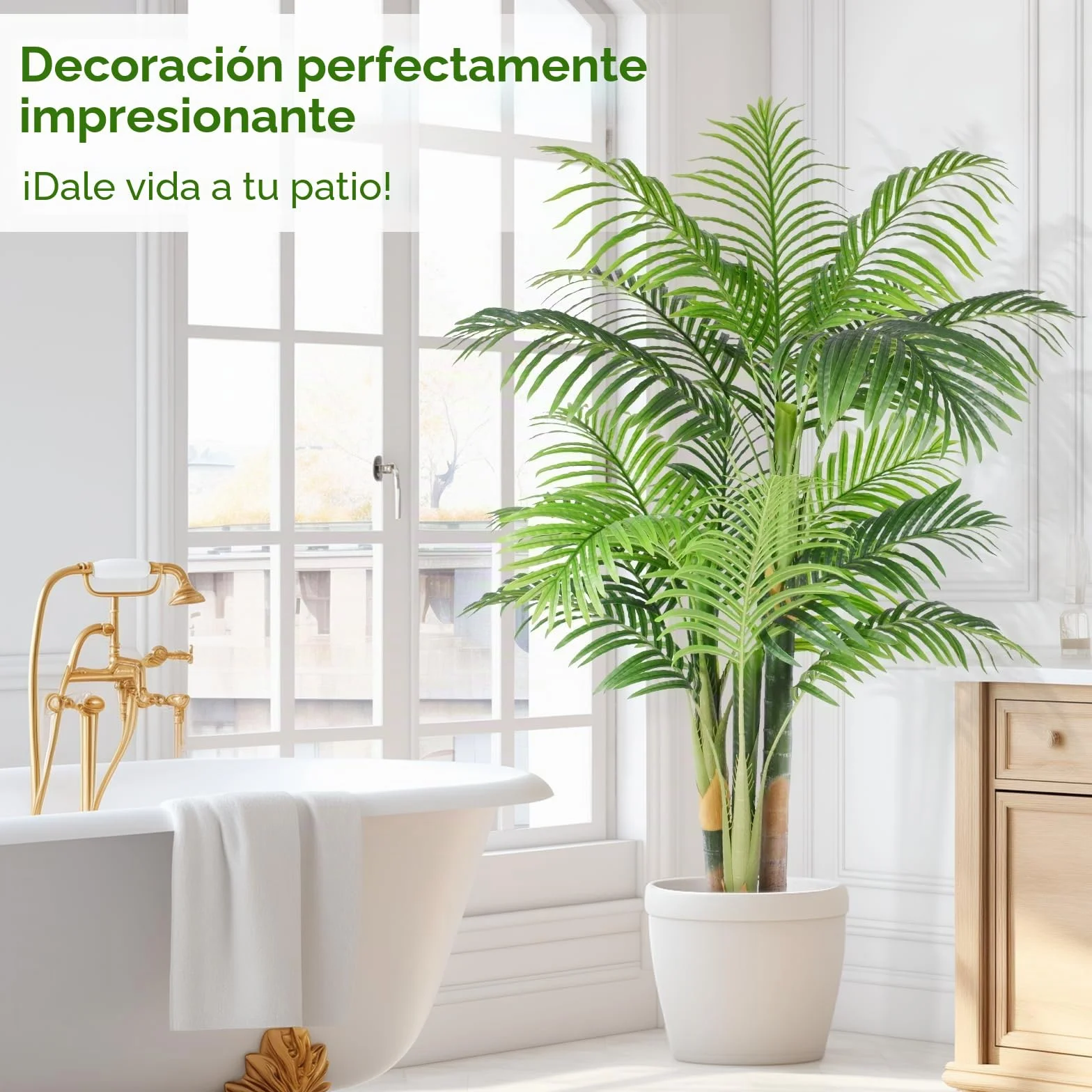 Palmera Artificial Triple Dorado 150cm, Planta Artificial Exterior Grande, arbol Artificial Interior o Exterior Alta para Patio Junto a la Piscina Césped Oficina Salón Balcón Jardín (1Pack)