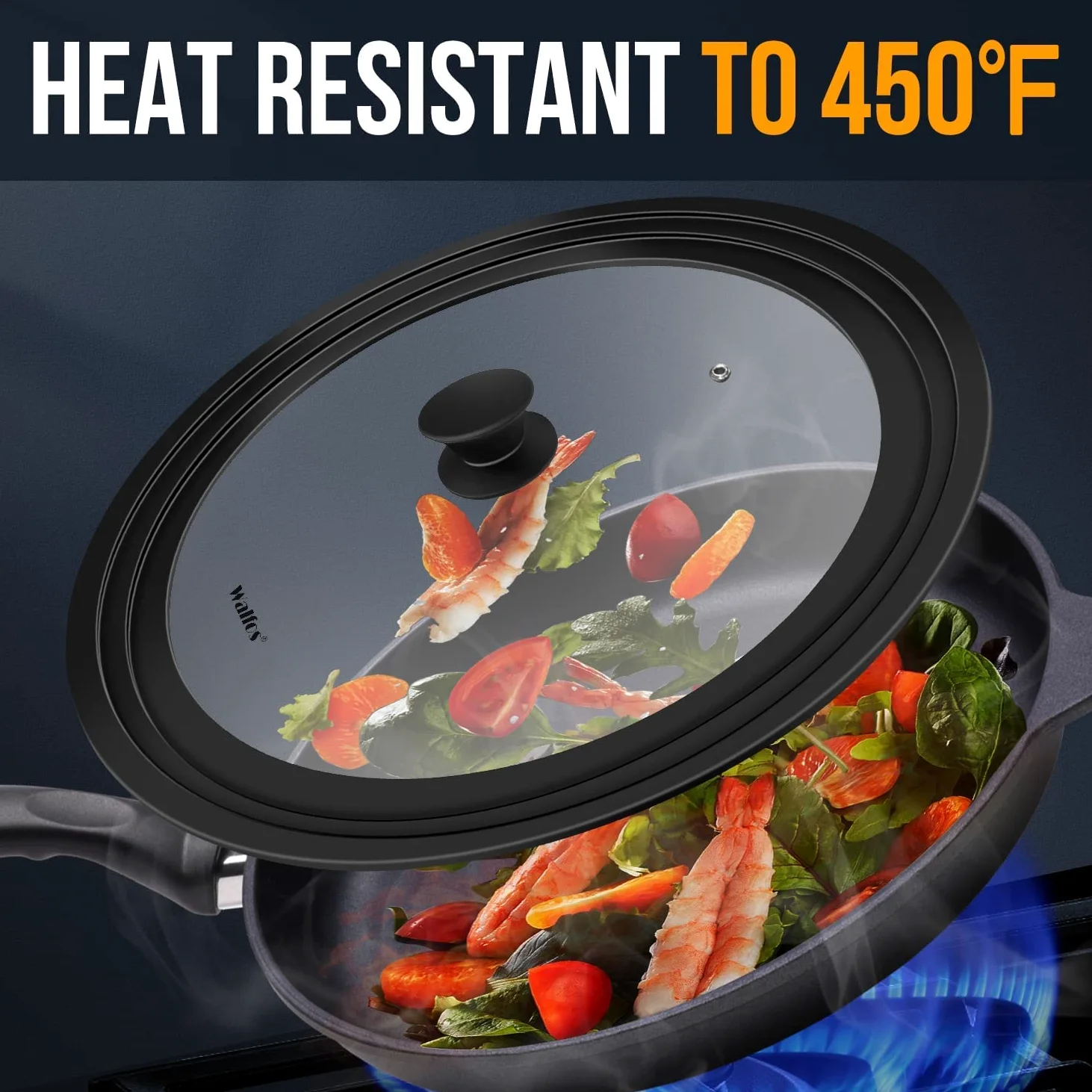 Walfos Tapa universal para ollas, sartenes y sartenes. Se adapta a utensilios de cocina de 33 cm, 36 cm y 38 cm de diámetro, tapa de vidrio con borde de silicona resistente al calor, (negro)