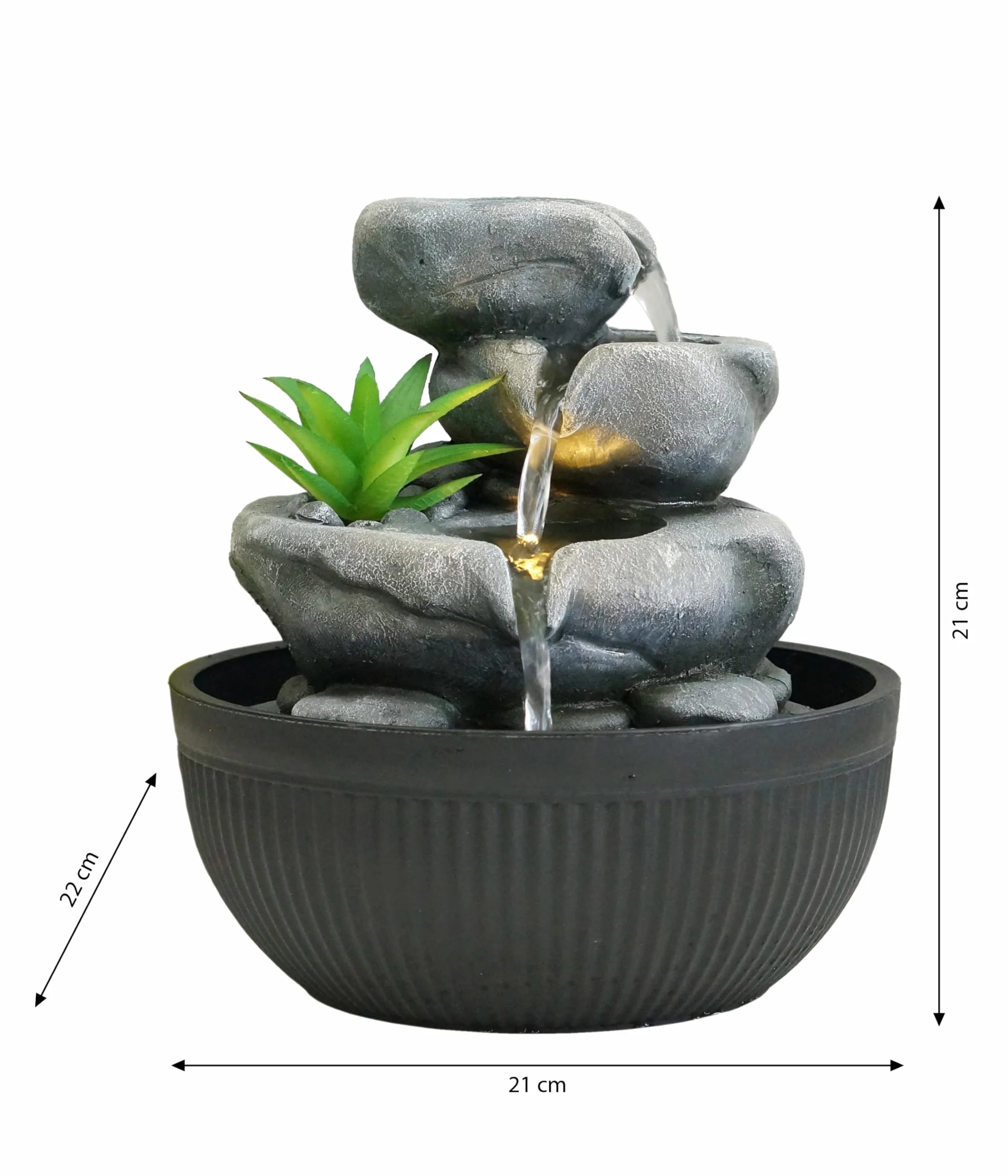 Fuente de Interior Dehner Lono, Fuente con iluminación LED, Aprox. Ø 21 cm, 21 cm de Alto, poliresina, Gris/Negro