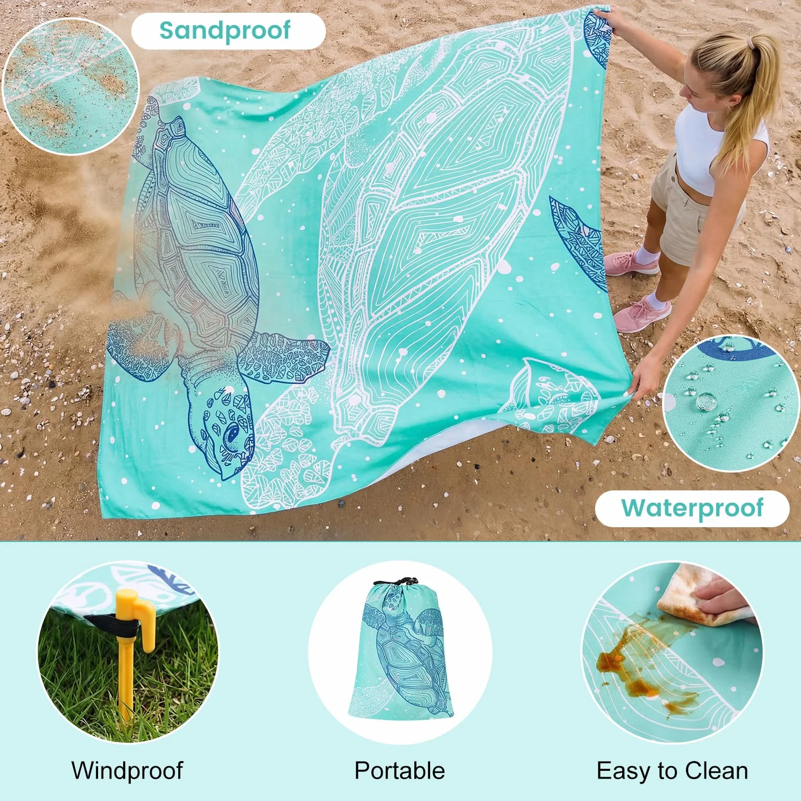 Zocipro Manta de Picnic Impermeable 210 x 200 cm Plegable Resistente a Arena y Agua con 4 Clavijas y Bolsa