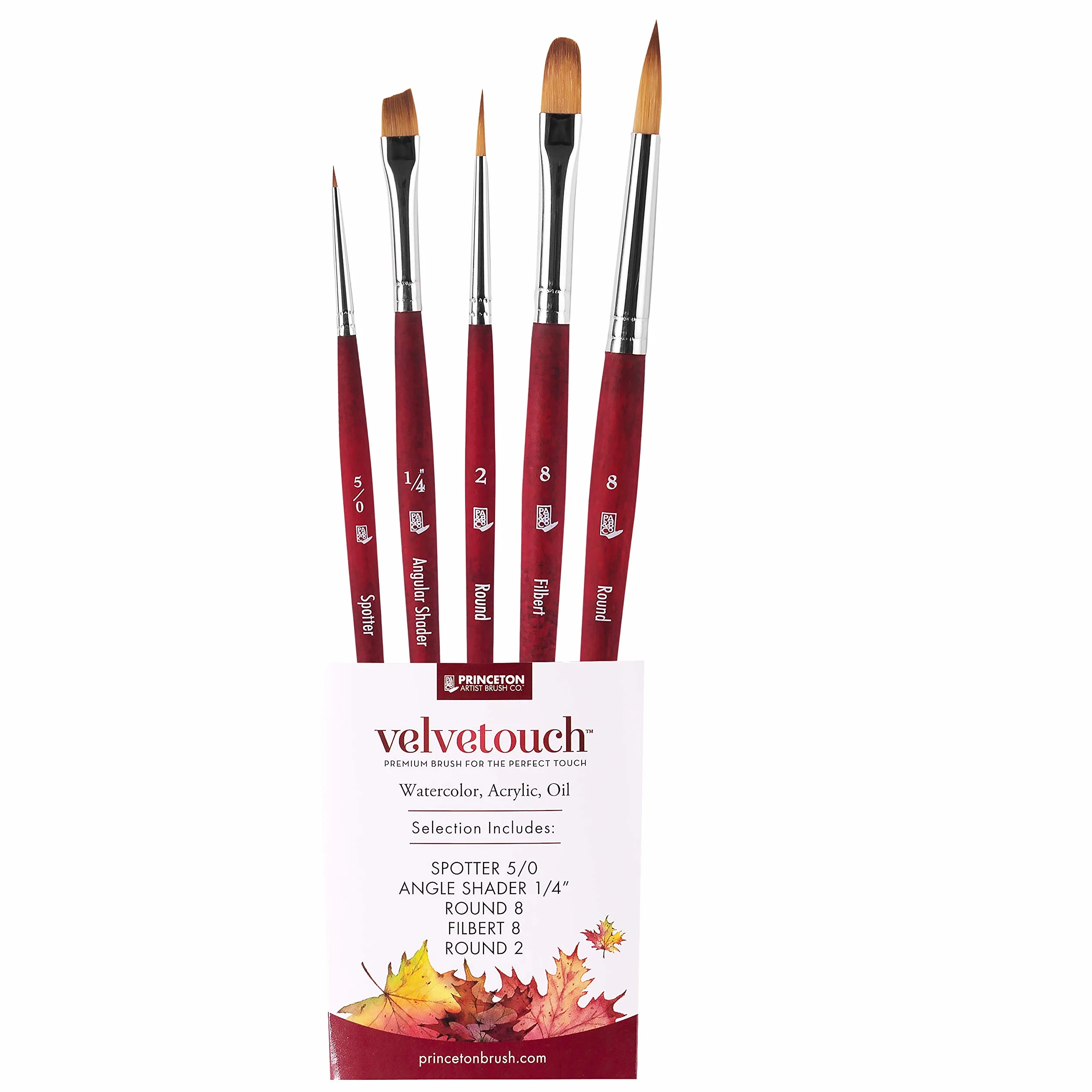 Princeton Velvetouch, Serie 3950, Pinceles para acrílico, óleo y Acuarela, Juego de 5 Spotter 5/0, sombreador Angular de ¼ Pulgadas, Redondo 8, Filbert 8, Redondo 2