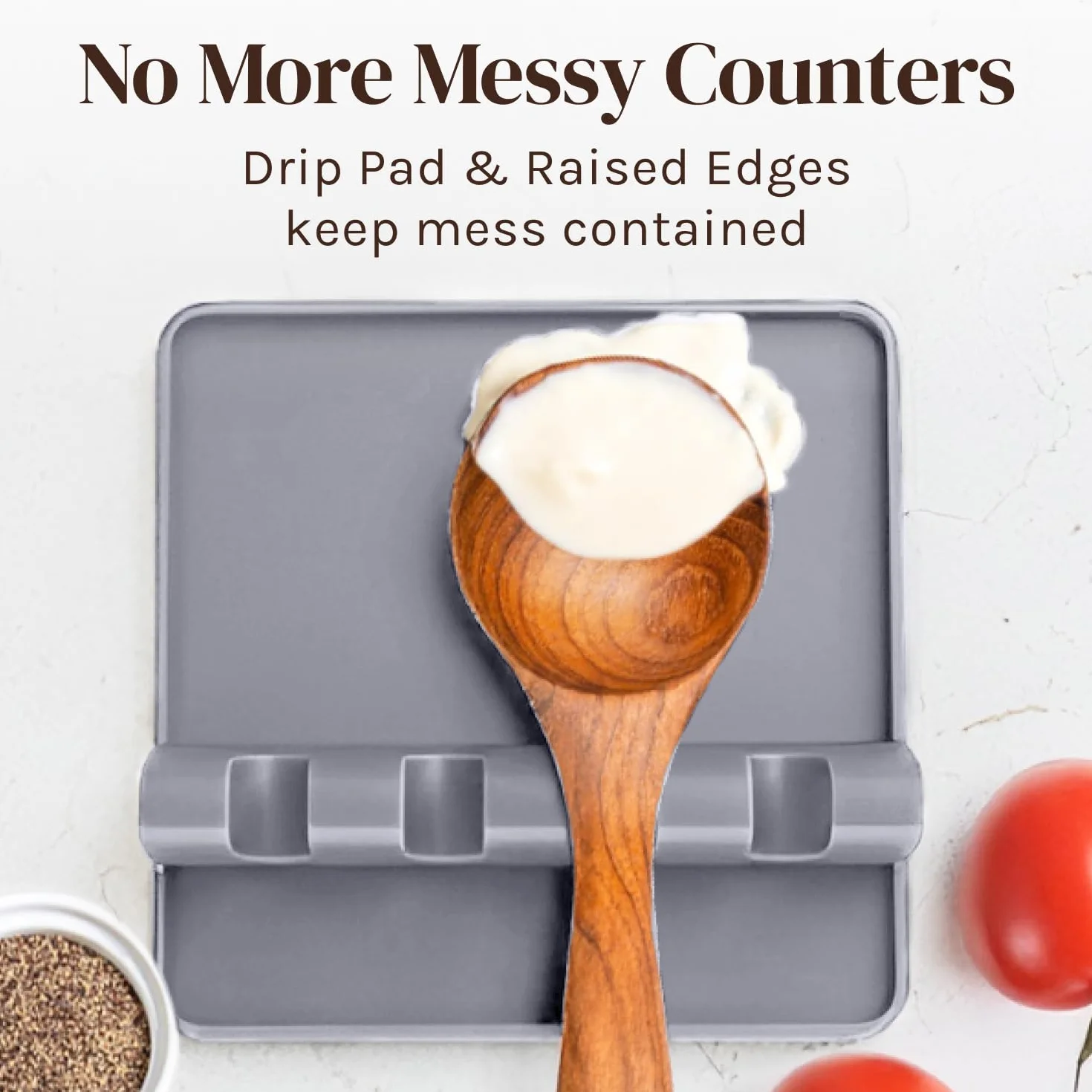 Silicona Gris Reposa Cuchara para Estufa con Almohadilla de Goteo (2 Conjuntos) Descansa Utensilio y Soporte de Cuchara para Mostrador de Cocina Libre de BPA