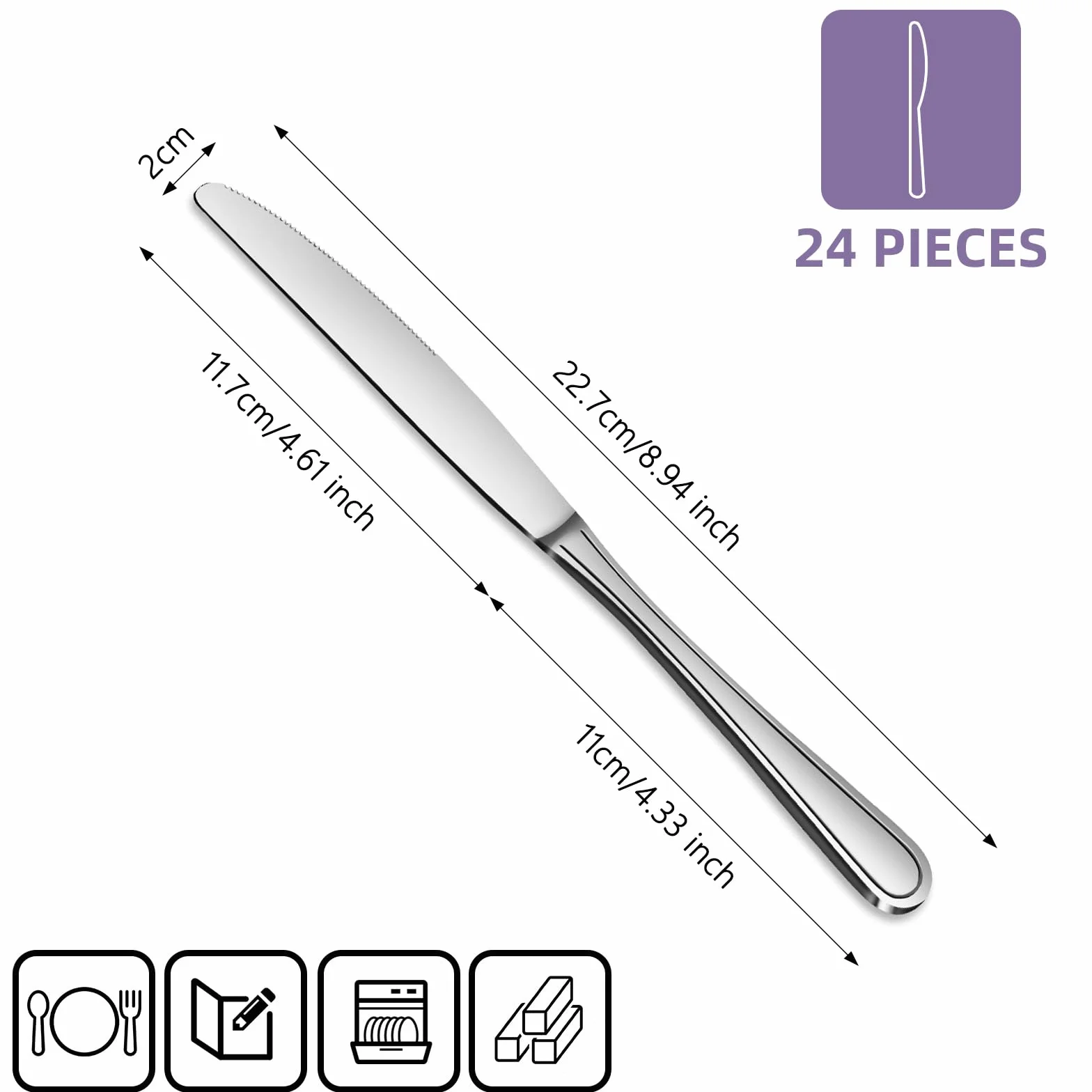 Cuchillo de mesa, cuchillo de mantequilla de acero inoxidable, 24 unidades (22,7 cm, 8,94 pulgadas), juego de cuchillos de desayuno/cuchillo de mantequilla/cuchillo para casa, restaurante,