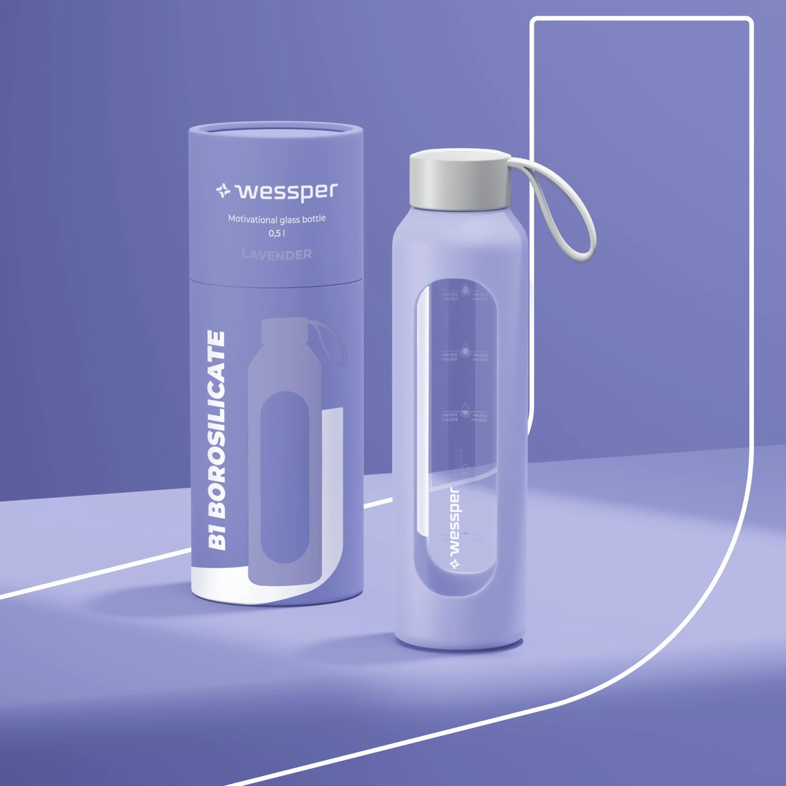 Wessper Botella de Agua Cristal 500 ml con Escala de Hidratación, Vidrio Borosilicato con Funda de Silicona, Sin BPA - Violeta