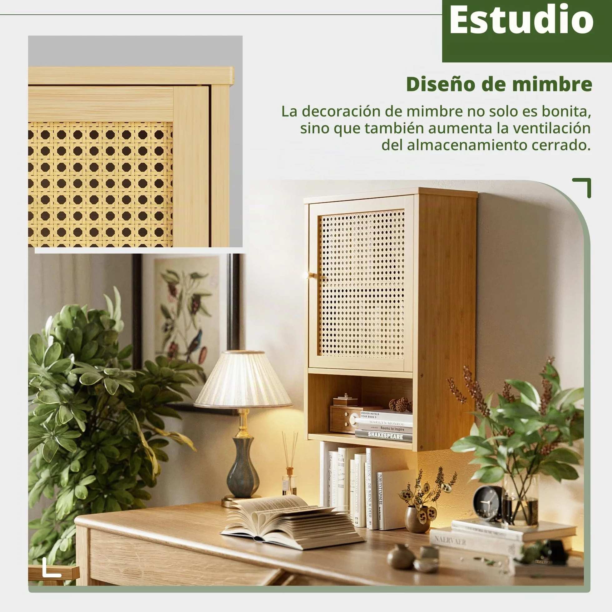 Armario de Pared para Baño, Organizador de Bambú para Almacenaje sobre el Inodoro con Puertas de Ratán y Estante Ajustable, Botiquín Ahorrador de Espacio para Lavandería, Cocina (Natural)