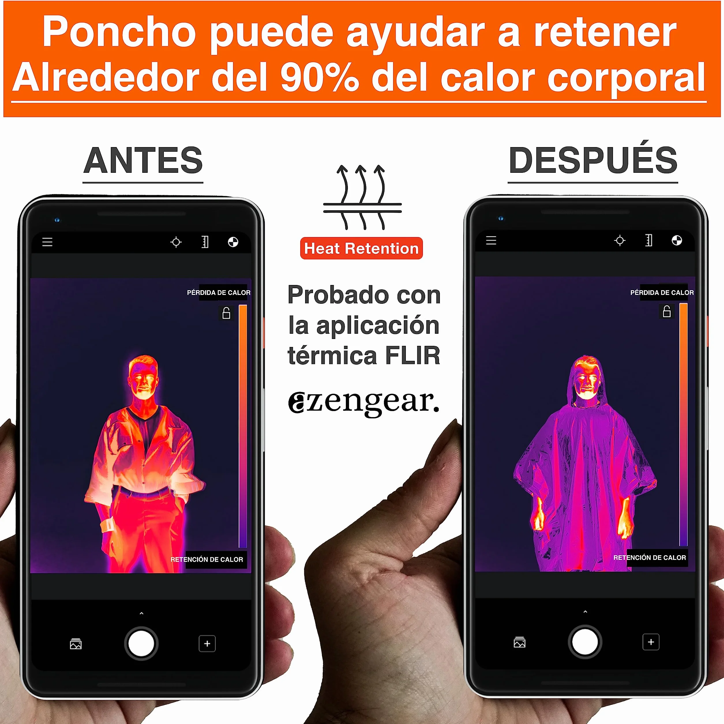 aZengear Poncho de Supervivencia 4 Piezas Manta Térmica de Emergencia Impermeable Resistente al Viento Reversible con Capucha Senderismo Naranja