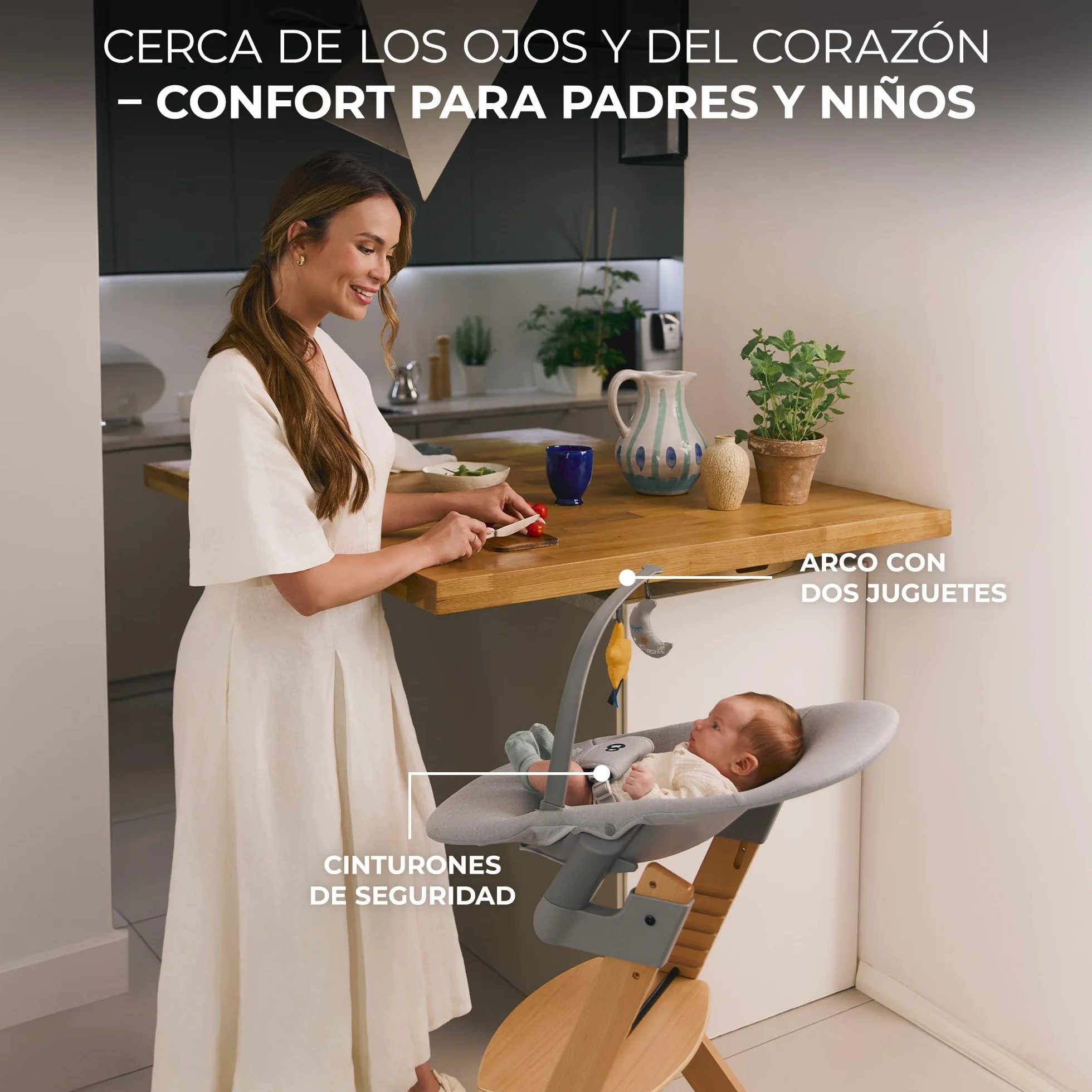 Kinderkraft ENOCK Trona bebé de Madera + Hamaca Bebé CALMEE, Silla alta Infantil Evolutiva Ergonómica, Gris