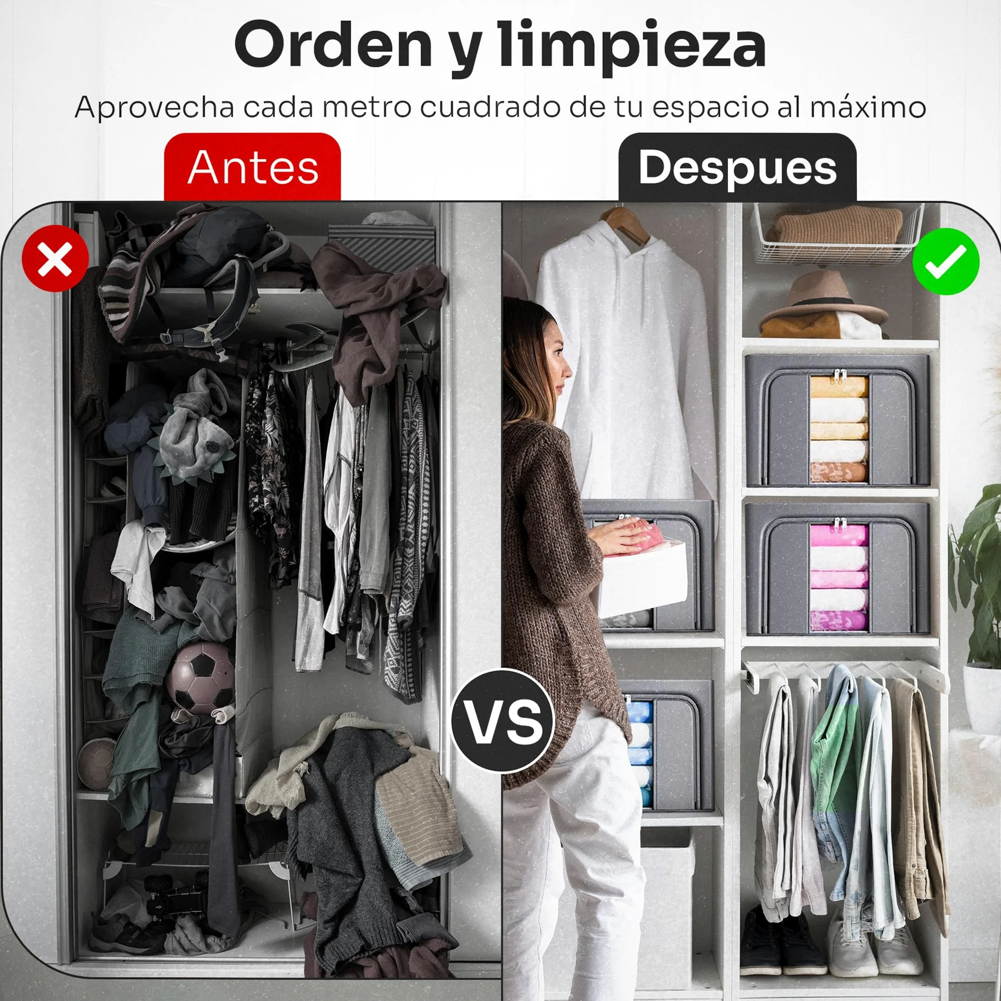 Cajas Almacenaje Ropa GRANDES Pack 2 · 66L (132L total) — Armario, Marco Metálico Rígido y Apilable, Plegable, Tela Oxford con Cremallera y Ventana Transparente Quitapelusas Incluido