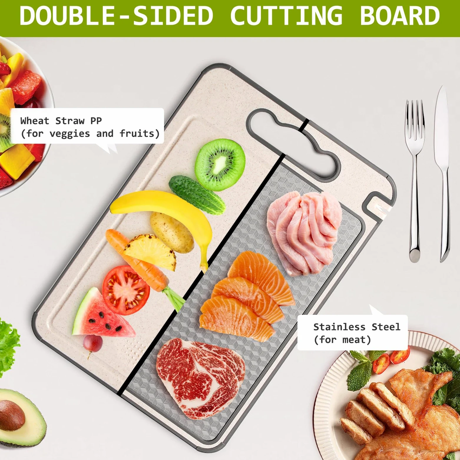 Tabla de cortar de acero inoxidable para cocina, 3 en 1 de doble cara, antideslizante, resistente a los arañazos, diseño de malla con ranura de jugo, apto para lavavajillas, fácil de limpiar, tabla de