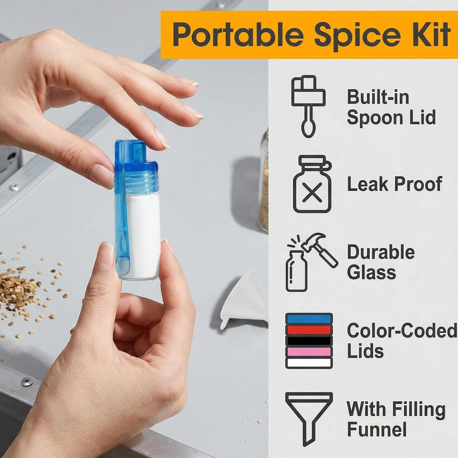 Polvo de Especias Botella, Juego de 6 Unidades Botes de Especias con Cucharilla y Embudo, Herméticos y Resistentes al Agua, Almacenamiento Ideal para Sal, Pimienta y Especias en Cocina