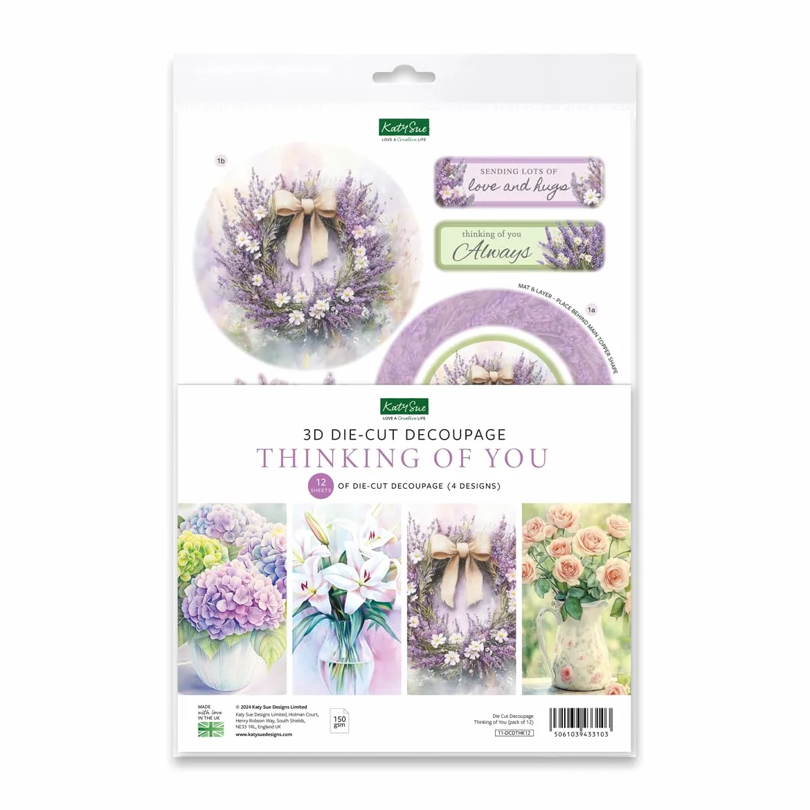 Katy Sue Thinking of You - Paquete de decoupage troquelado 3D. Un paquete de 12 hojas de troqueles para suministros de fabricación de tarjetas con lirios, lavanda, rosas y hortensias