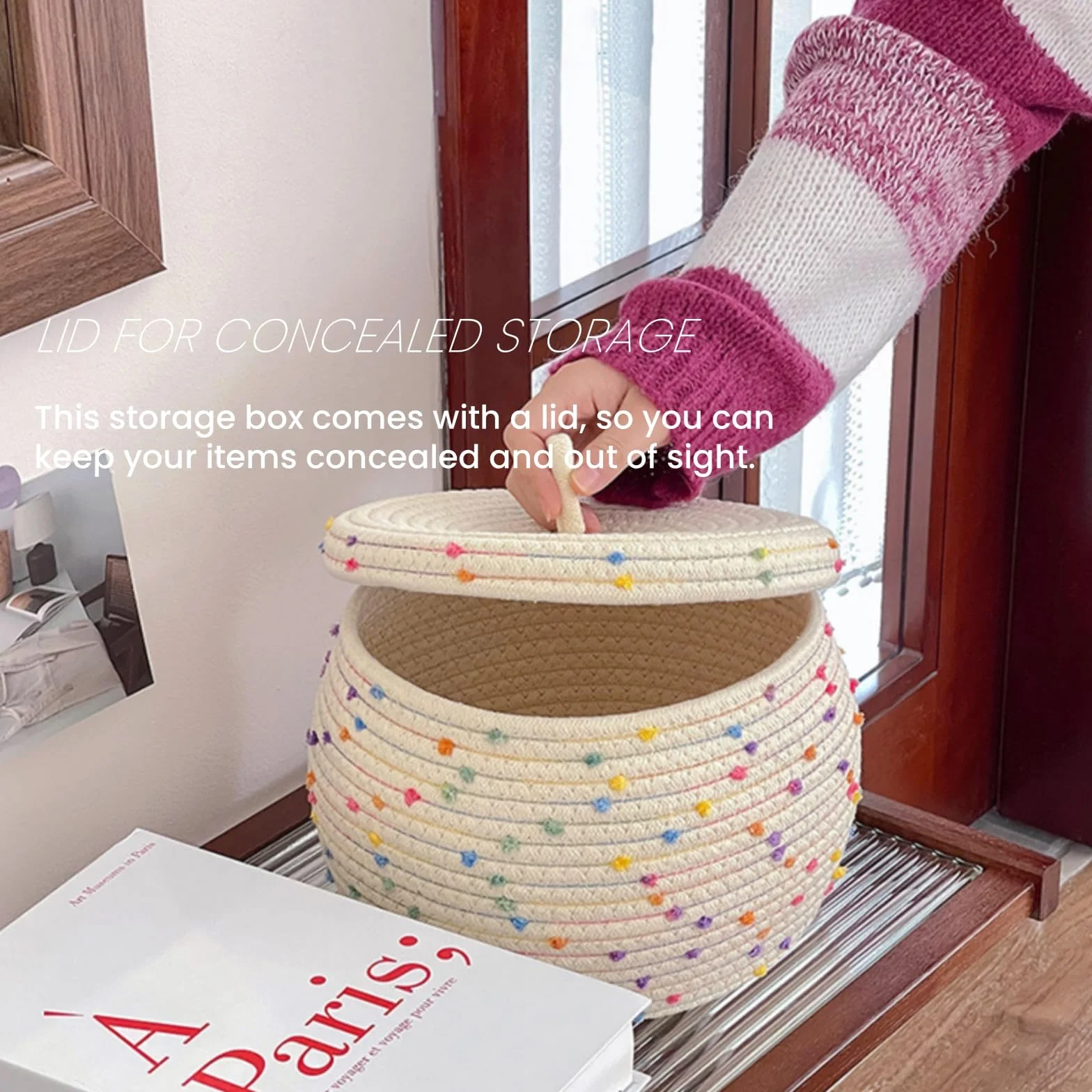 Topyond Cestas de Almacenamiento Redondas con Tapas, Pequeñas Cajas de Almacenamiento Tejidas con Cuerda de Algodón, Bonitos Contenedores Decorativos para Libros de Aperitivos de Frutas Juguetes