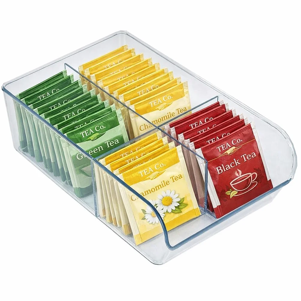 Azar Displays 556752-4PK - Contenedor de almacenamiento transparente con divisores, organizador apilable de múltiples compartimentos para cocina, baño, despensa y oficina, plástico sin BPA (paquete de