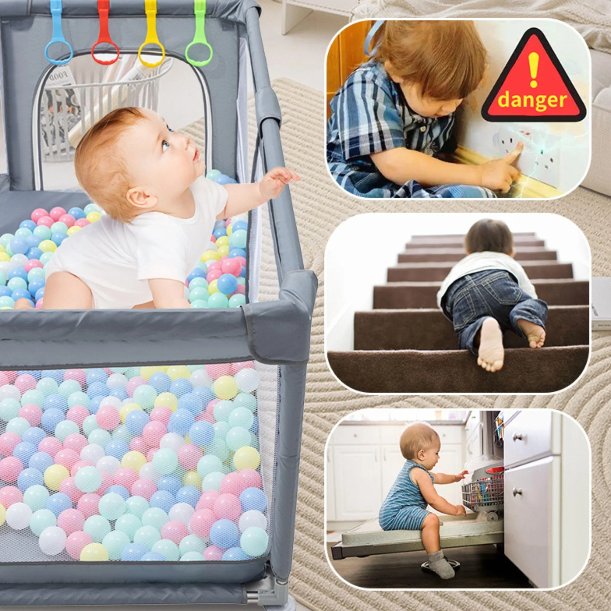 GLOKID Parque Bebé, 180 * 200CM, modulable, gran parque infantil, bola marina, bolsa de almacenamiento, gancho, para el hogar