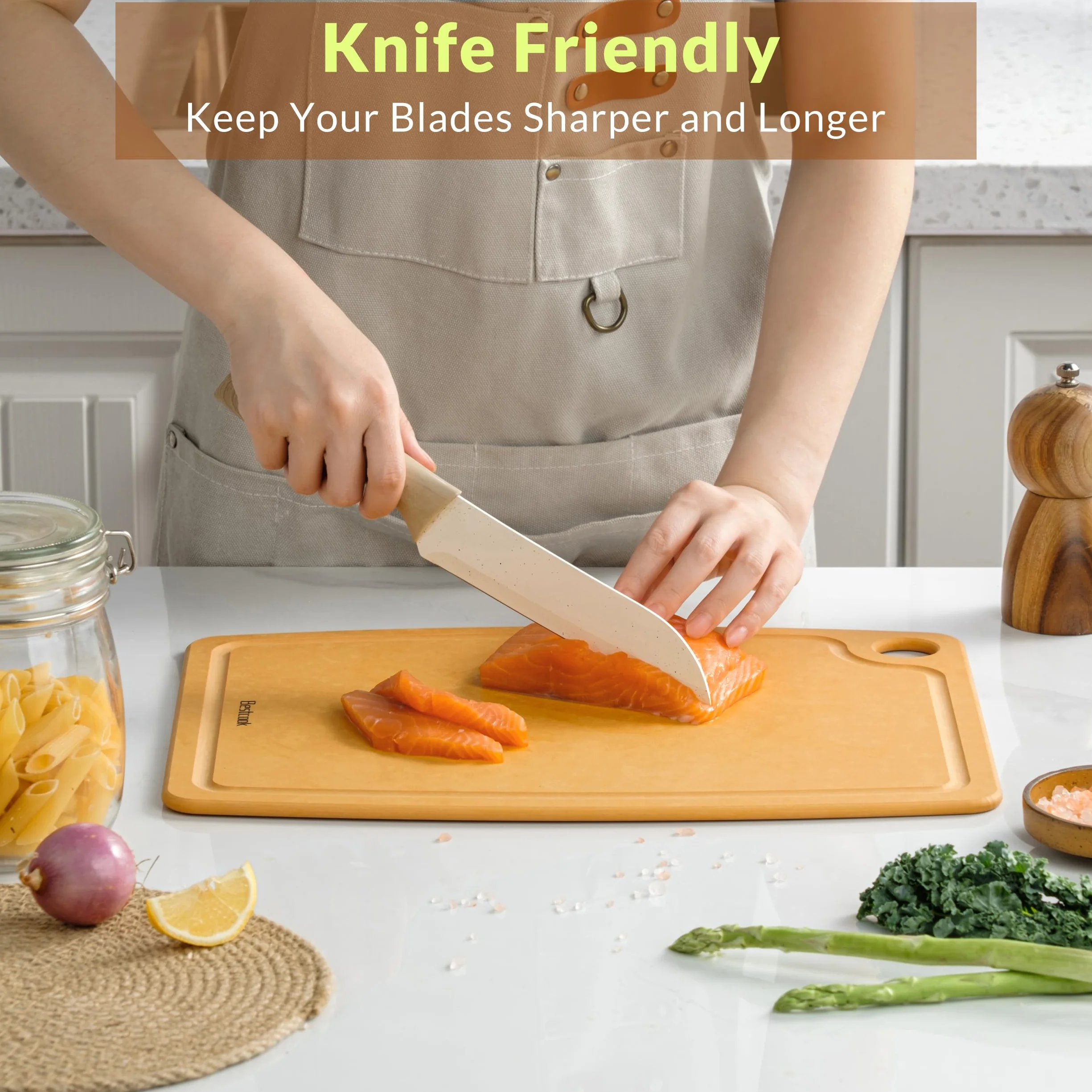 BESTCOOK Tabla de Cortar de Fibra de Madera con Ranura para Jugos, Apta Para Lavavajillas, Patas Antideslizantes, sin BPA, no Porosa, Reversible, Duradera para la Cocina, Carne, Pan y Fruta