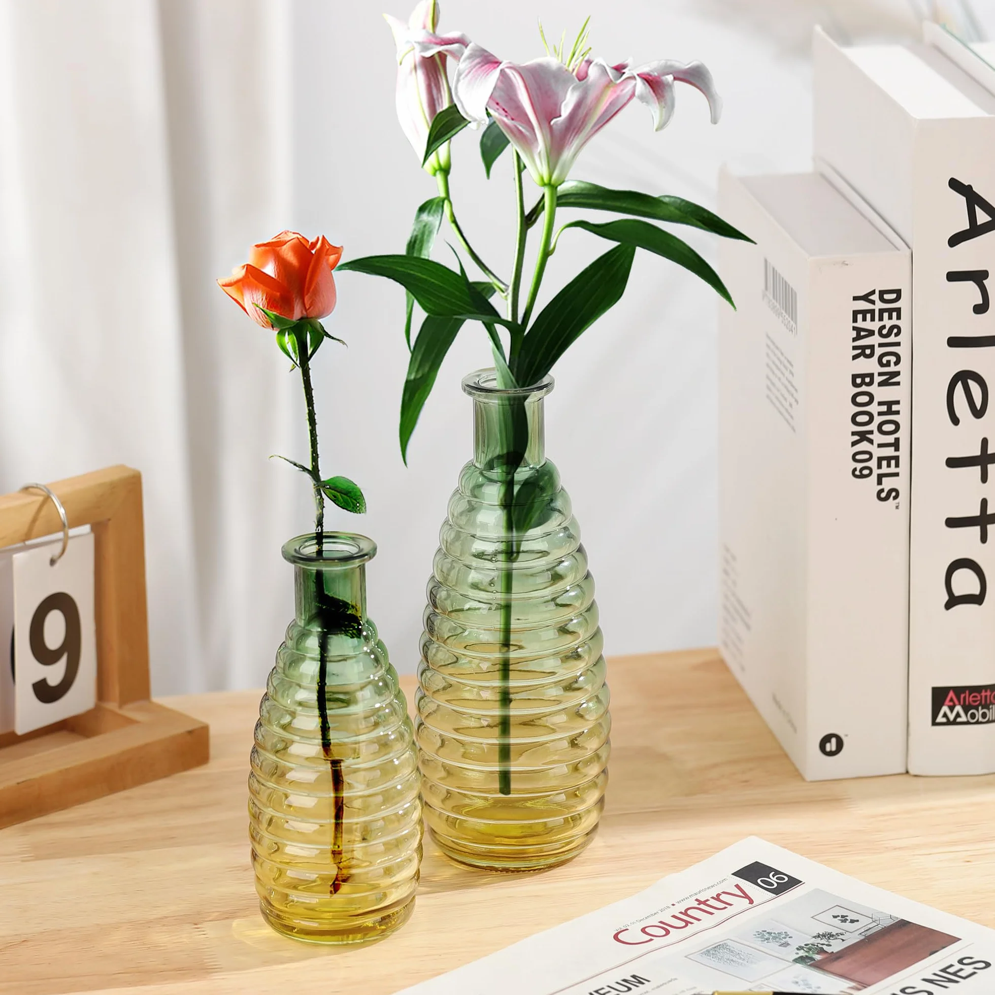 Joeyan Jarrones Pequeños Decorativas Juego de 5, Florero de Vidrio en Relieve con Degradado,Botellas Decorativas pequeñas,Centro de Mesa, Decoración para el hogar, Boda, Fiesta, Evento,Oficina