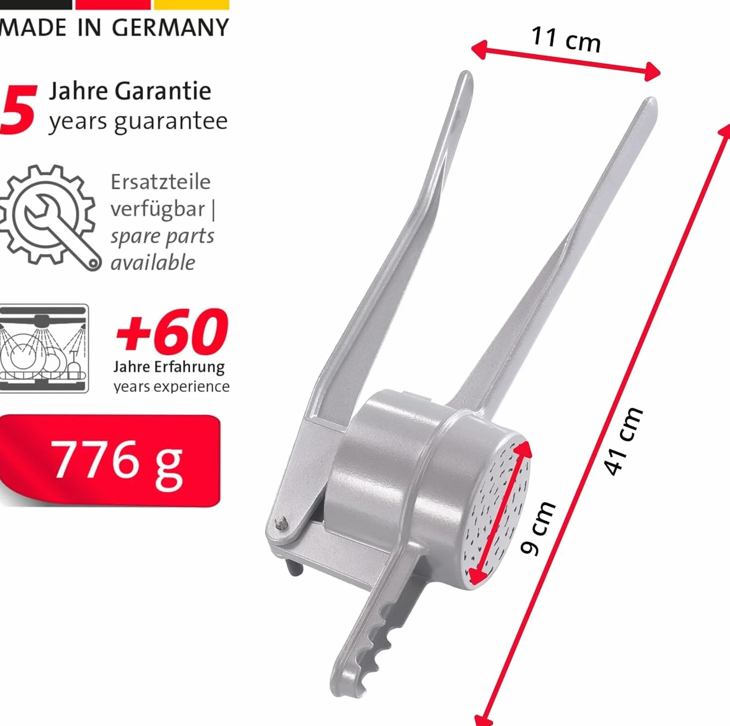 Westmark Prensa para pasta / patatas, con perforación tradicional para Spätzle como hecha a mano, Aluminio fundido a presión, Longitud: 41 cm, Spätzlechef, Plateado, 61202260